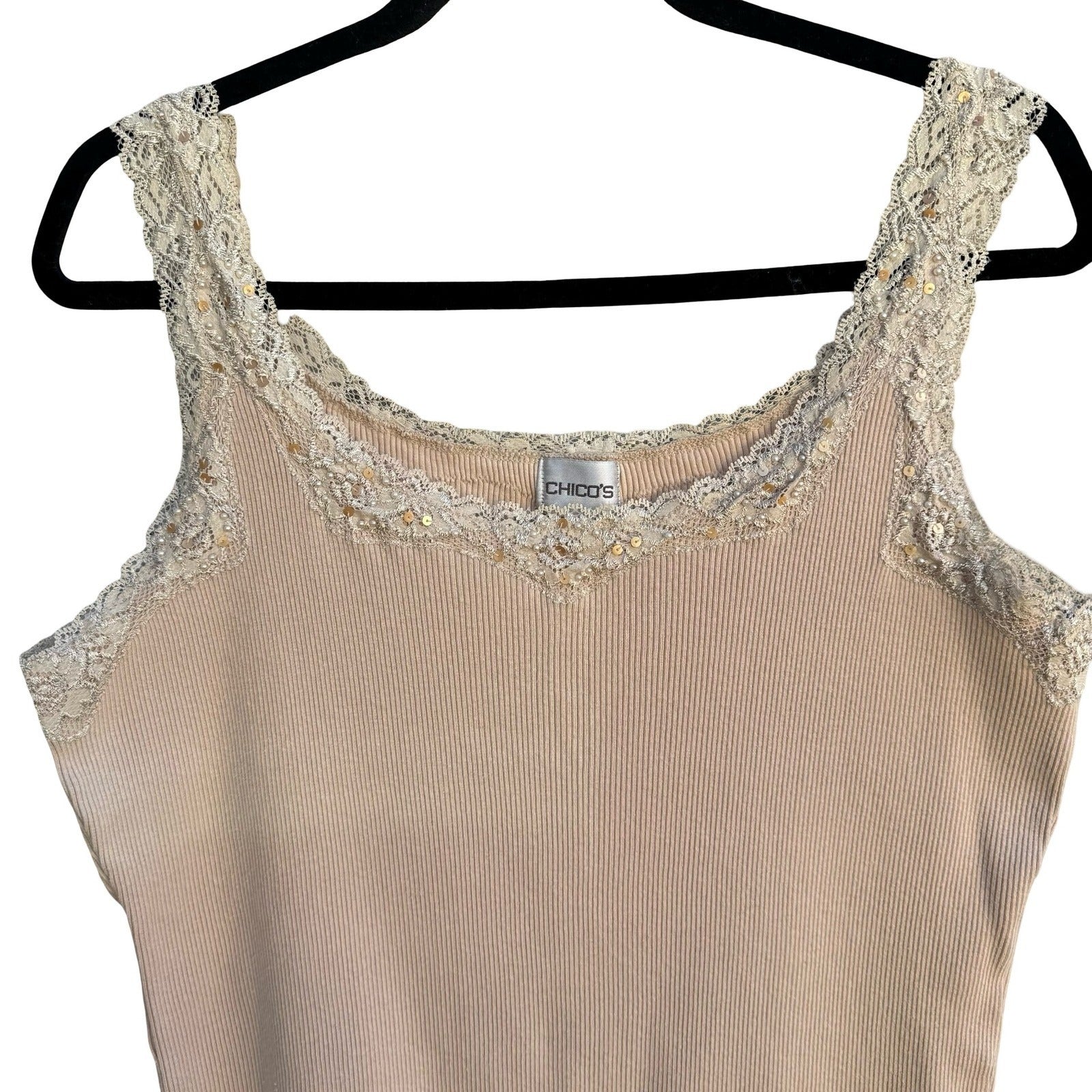 Chicos Y2K Tan Ribbed Babydoll Tank Top Lace Sequin Pearl Trim Scoop Neck Large