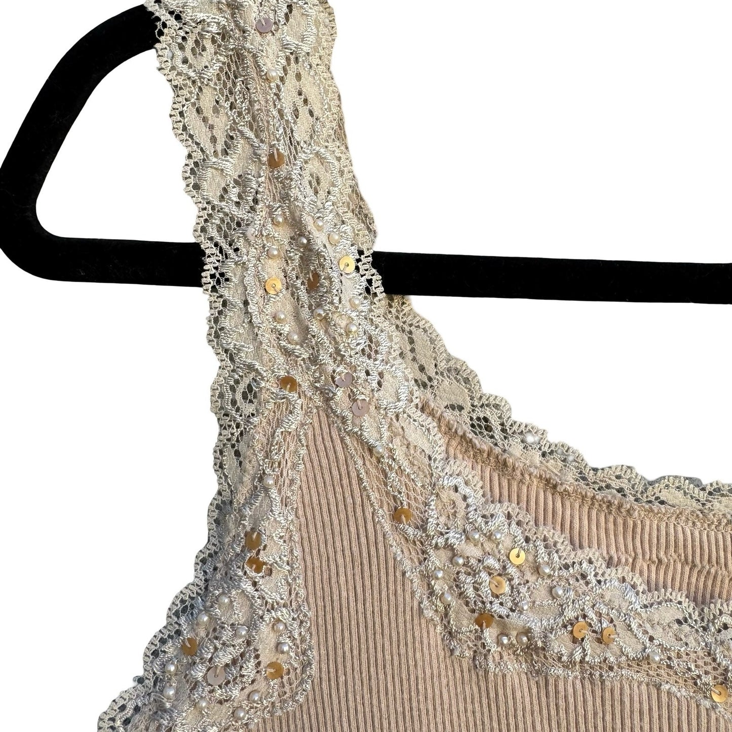 Chicos Y2K Tan Ribbed Babydoll Tank Top Lace Sequin Pearl Trim Scoop Neck Large