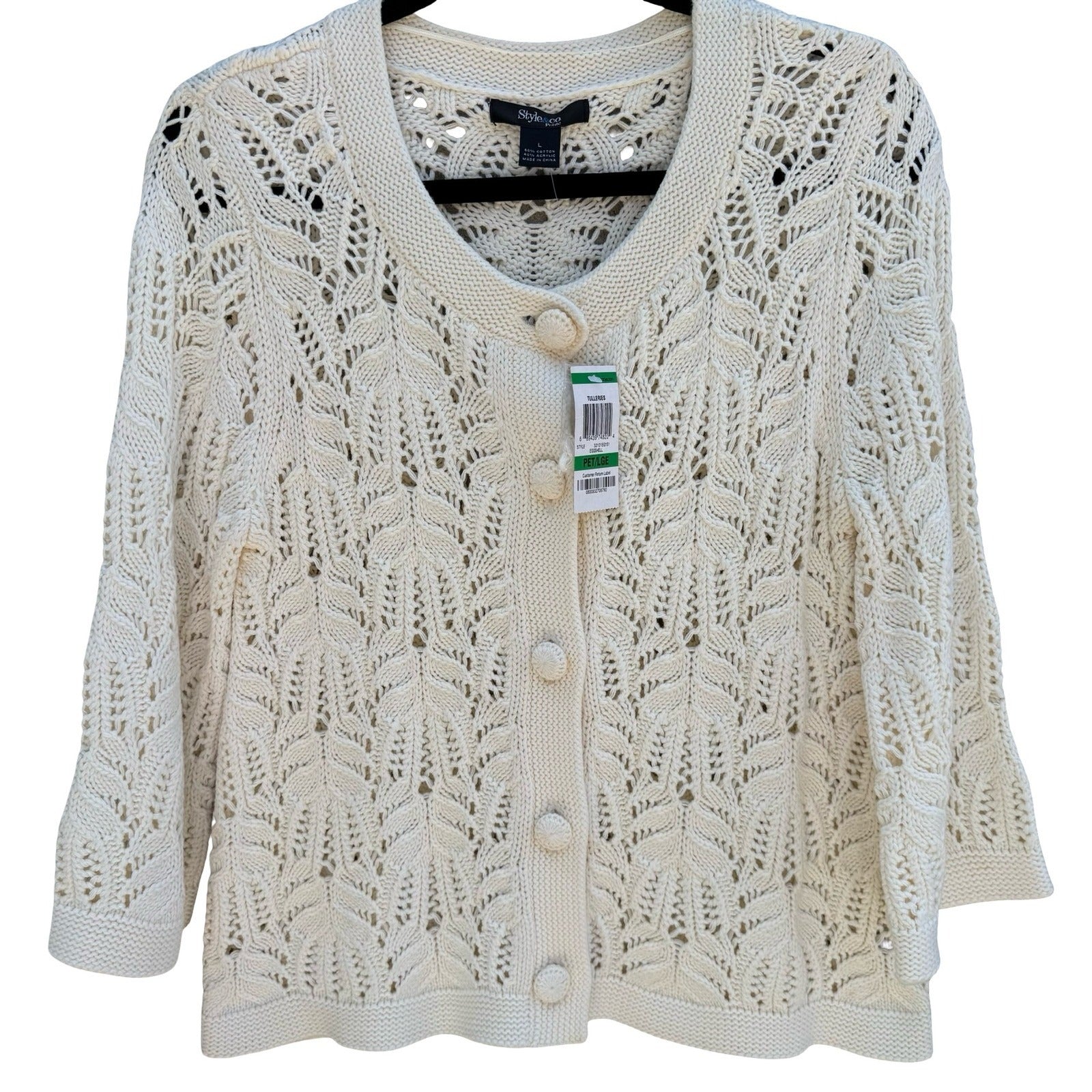 Style & Co Womens L Tuileries Ivory Pointelle Leaf Knit Cardigan NEW Cottagecore