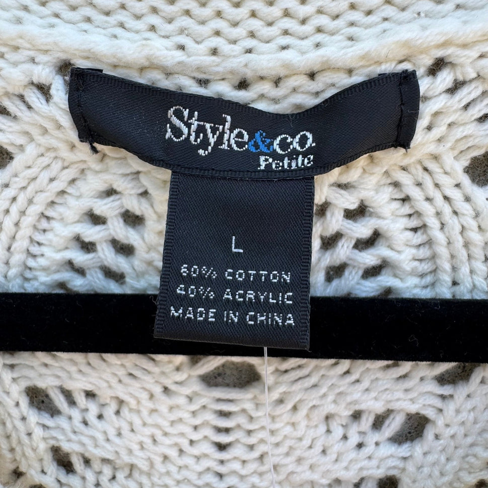 Style & Co Womens L Tuileries Ivory Pointelle Leaf Knit Cardigan NEW Cottagecore