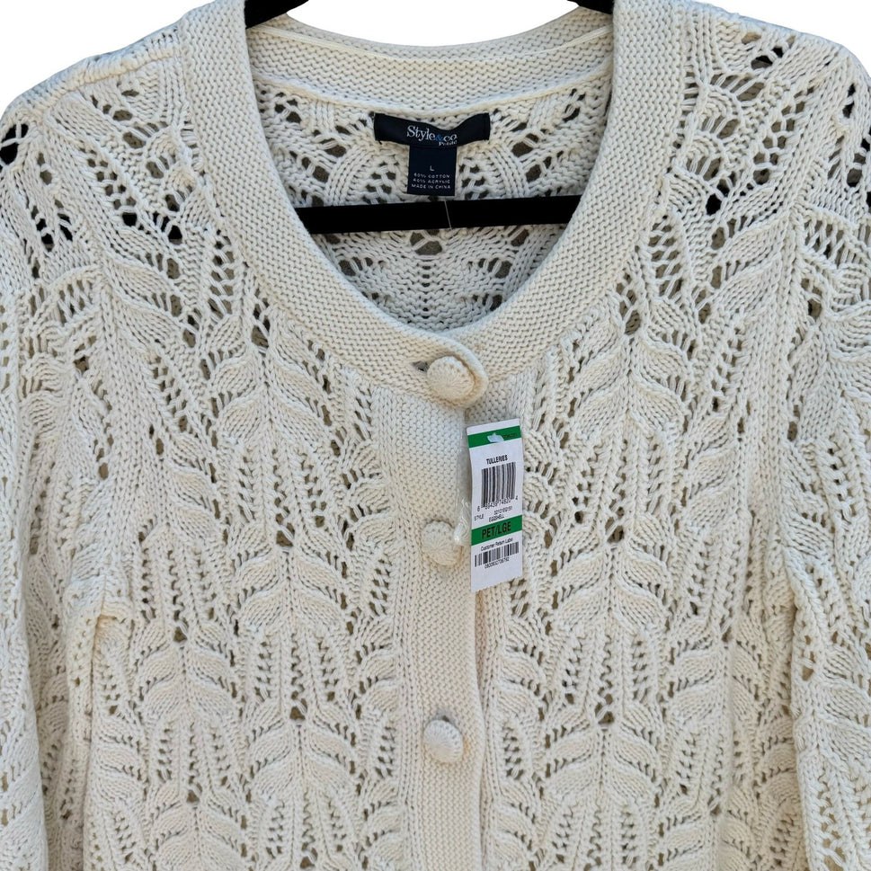 Style & Co Womens L Tuileries Ivory Pointelle Leaf Knit Cardigan NEW Cottagecore