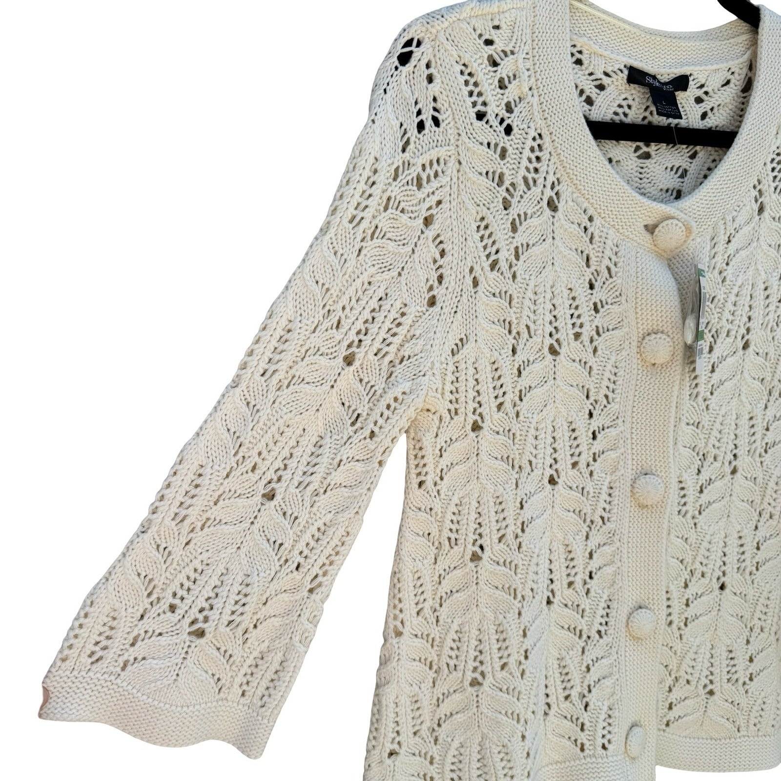 Style & Co Womens L Tuileries Ivory Pointelle Leaf Knit Cardigan NEW Cottagecore