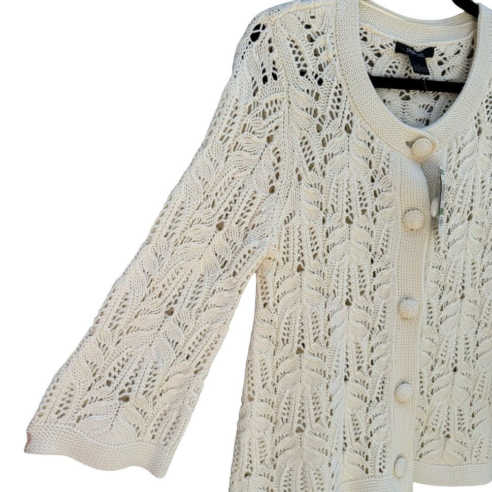 Style & Co Womens L Tuileries Ivory Pointelle Leaf Knit Cardigan NEW Cottagecore