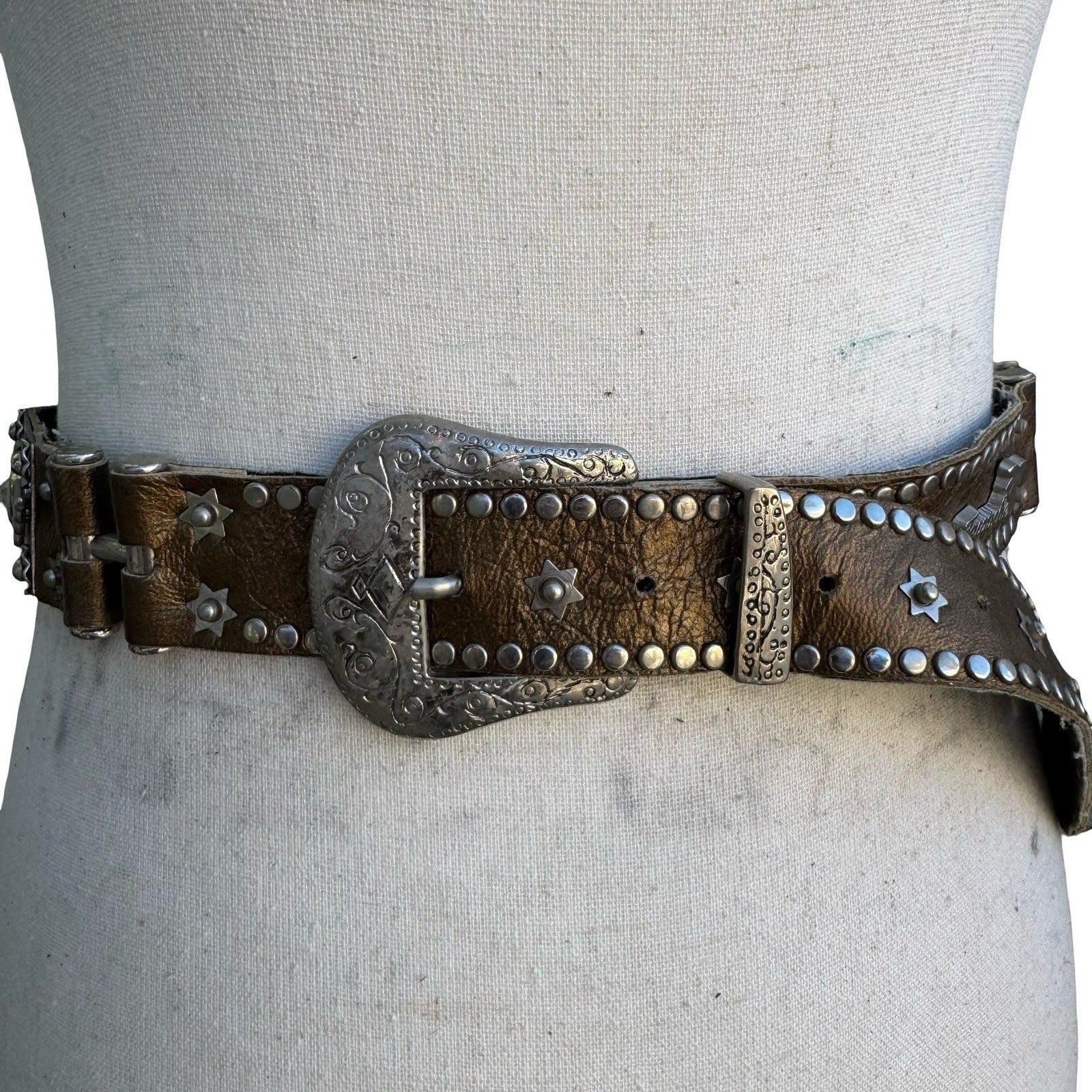 Lily Farouche Bronze Leather Studded Western Belt Star Winged Buckle Size 2
