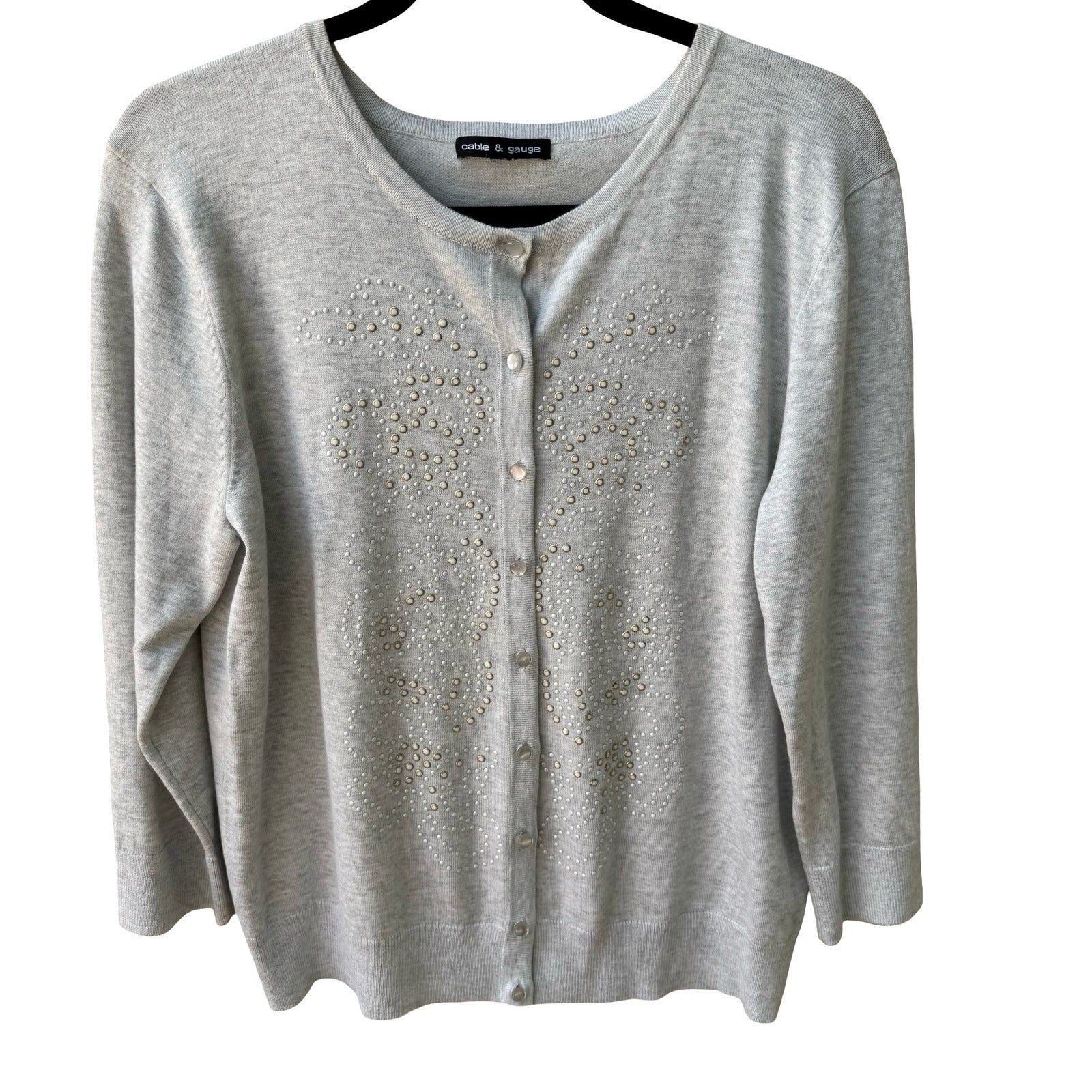 Cable & Gauge Preppy Minimalist Embellished Studded Knit Cardigan Sweater Grey L