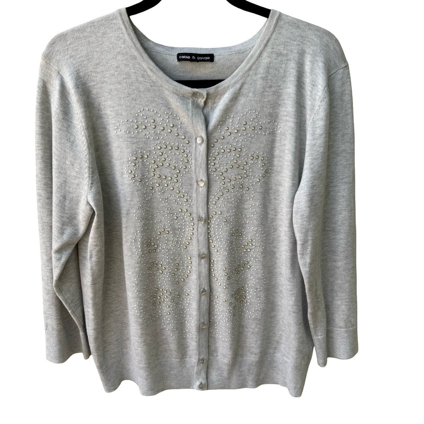 Cable & Gauge Preppy Minimalist Embellished Studded Knit Cardigan Sweater Grey L