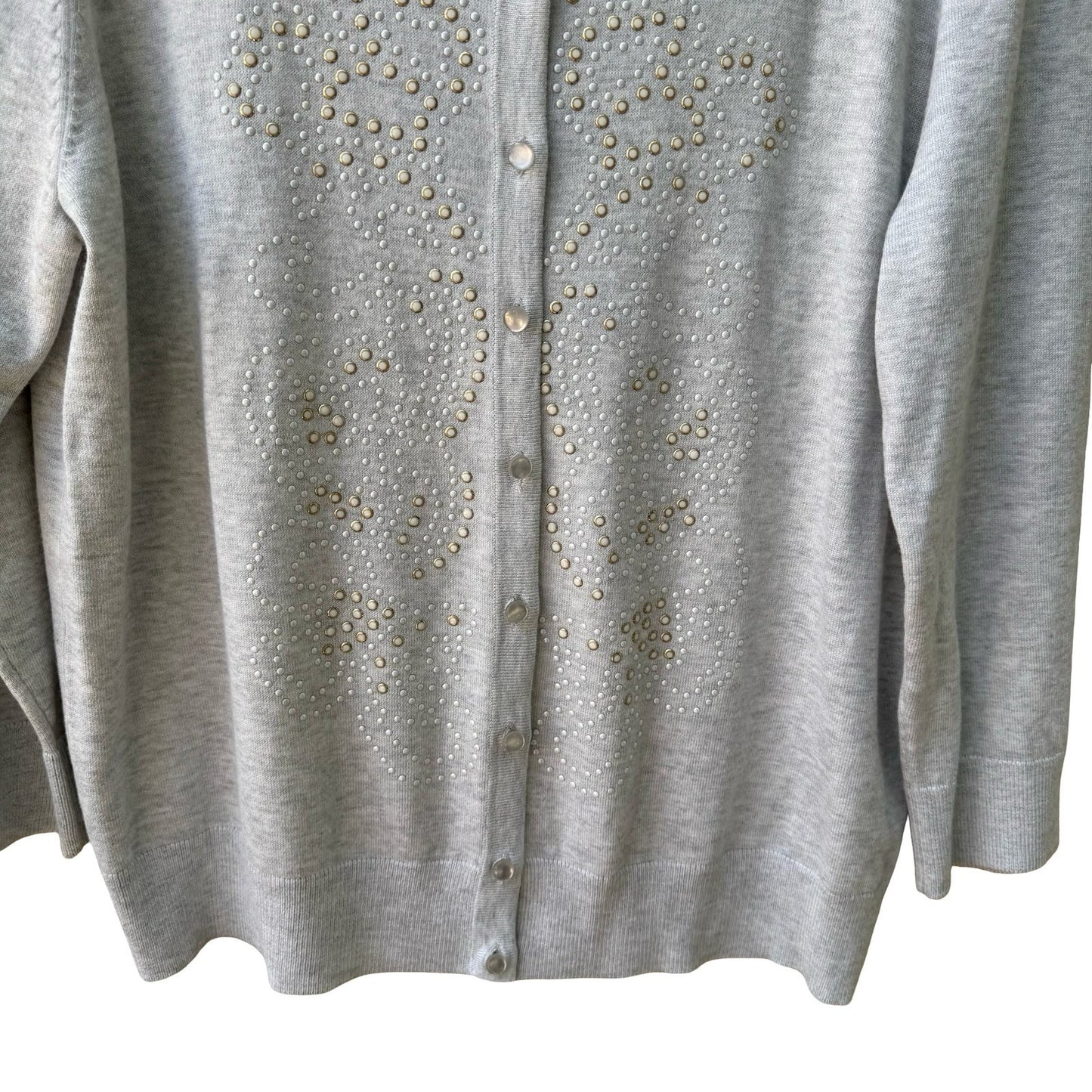 Cable & Gauge Preppy Minimalist Embellished Studded Knit Cardigan Sweater Grey L