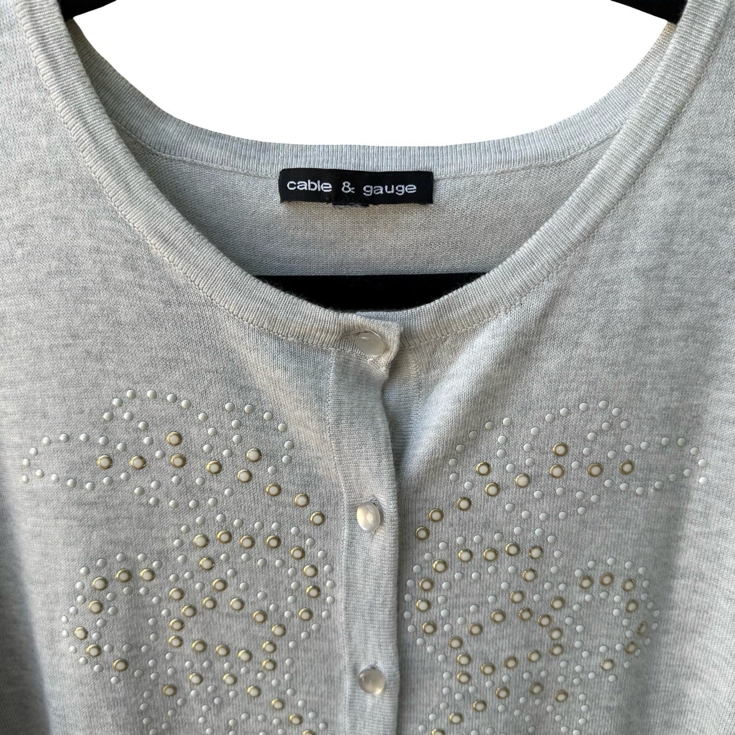 Cable & Gauge Preppy Minimalist Embellished Studded Knit Cardigan Sweater Grey L
