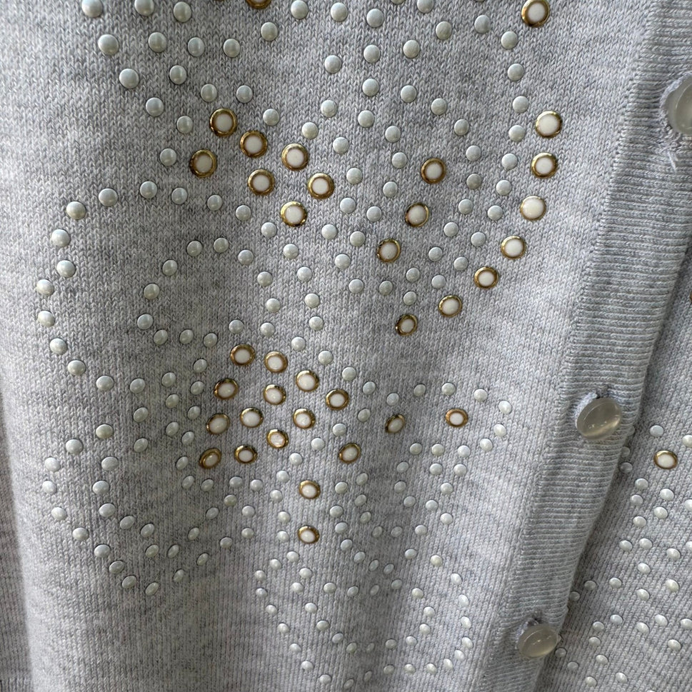 Cable & Gauge Preppy Minimalist Embellished Studded Knit Cardigan Sweater Grey L
