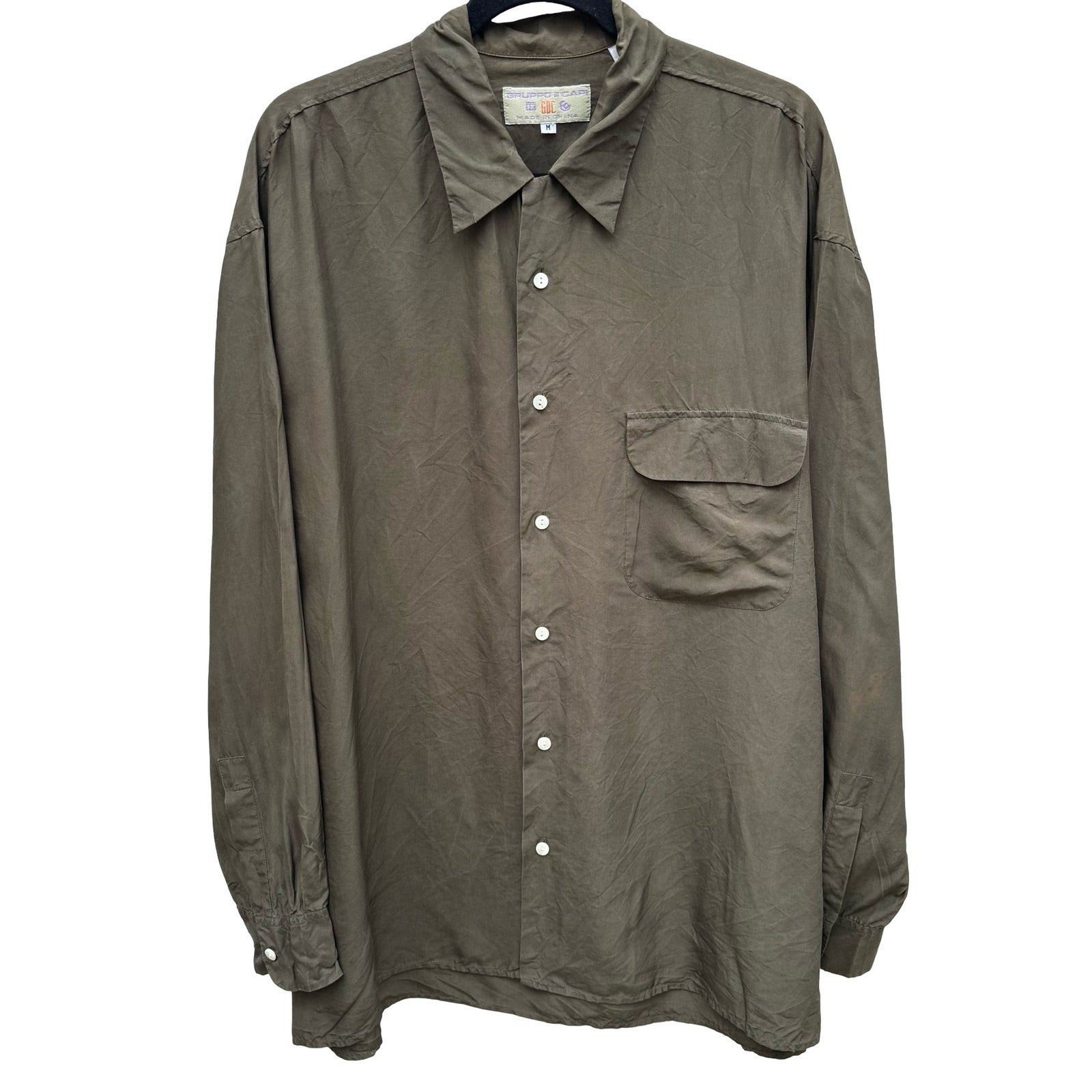 Gruppo Capi Vintage Mens M Silk Button Down Shirt Olive Green Long Sleeve Luxury