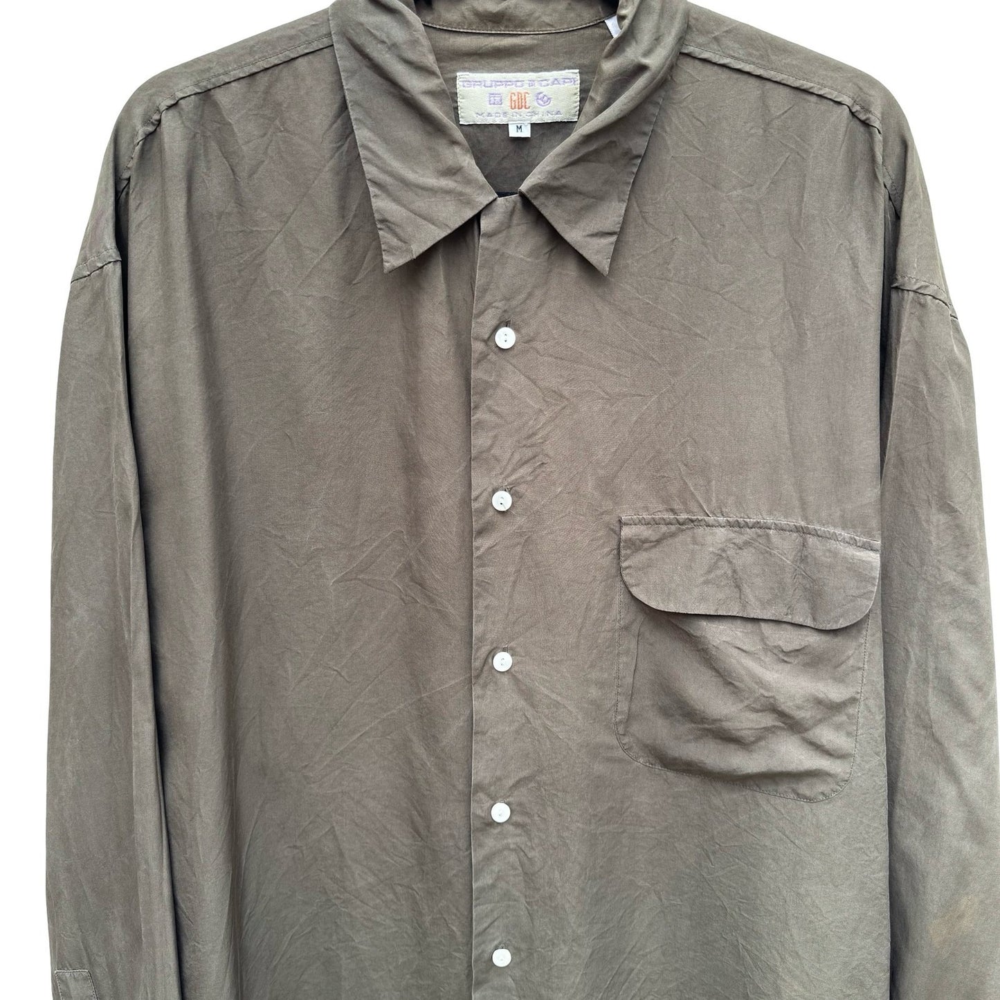 Gruppo Capi Vintage Mens M Silk Button Down Shirt Olive Green Long Sleeve Luxury