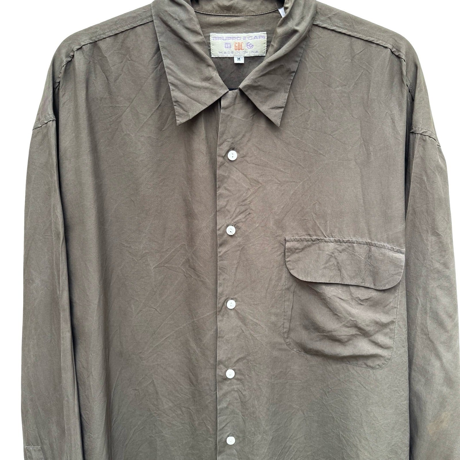Gruppo Capi Vintage Mens M Silk Button Down Shirt Olive Green Long Sleeve Luxury