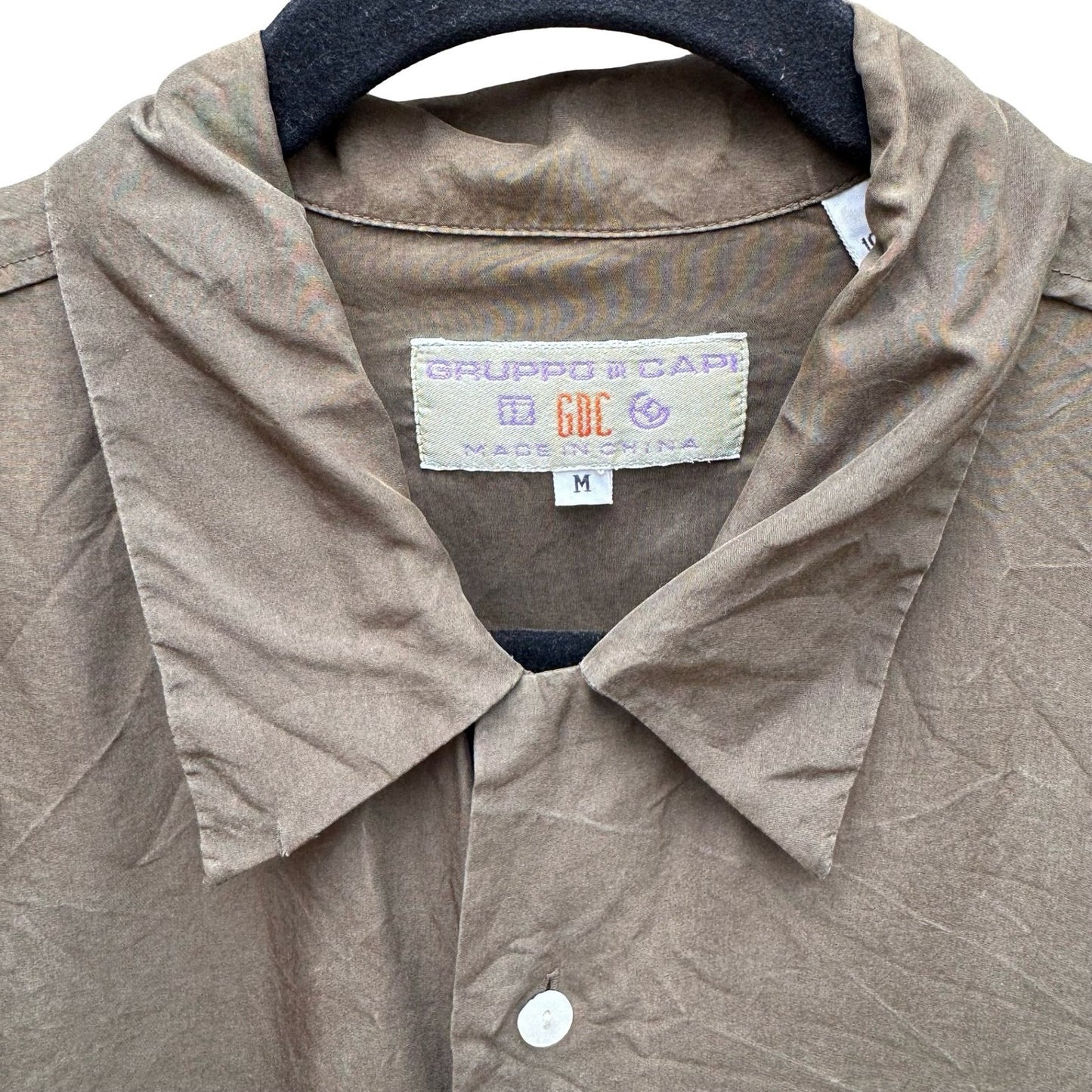 Gruppo Capi Vintage Mens M Silk Button Down Shirt Olive Green Long Sleeve Luxury