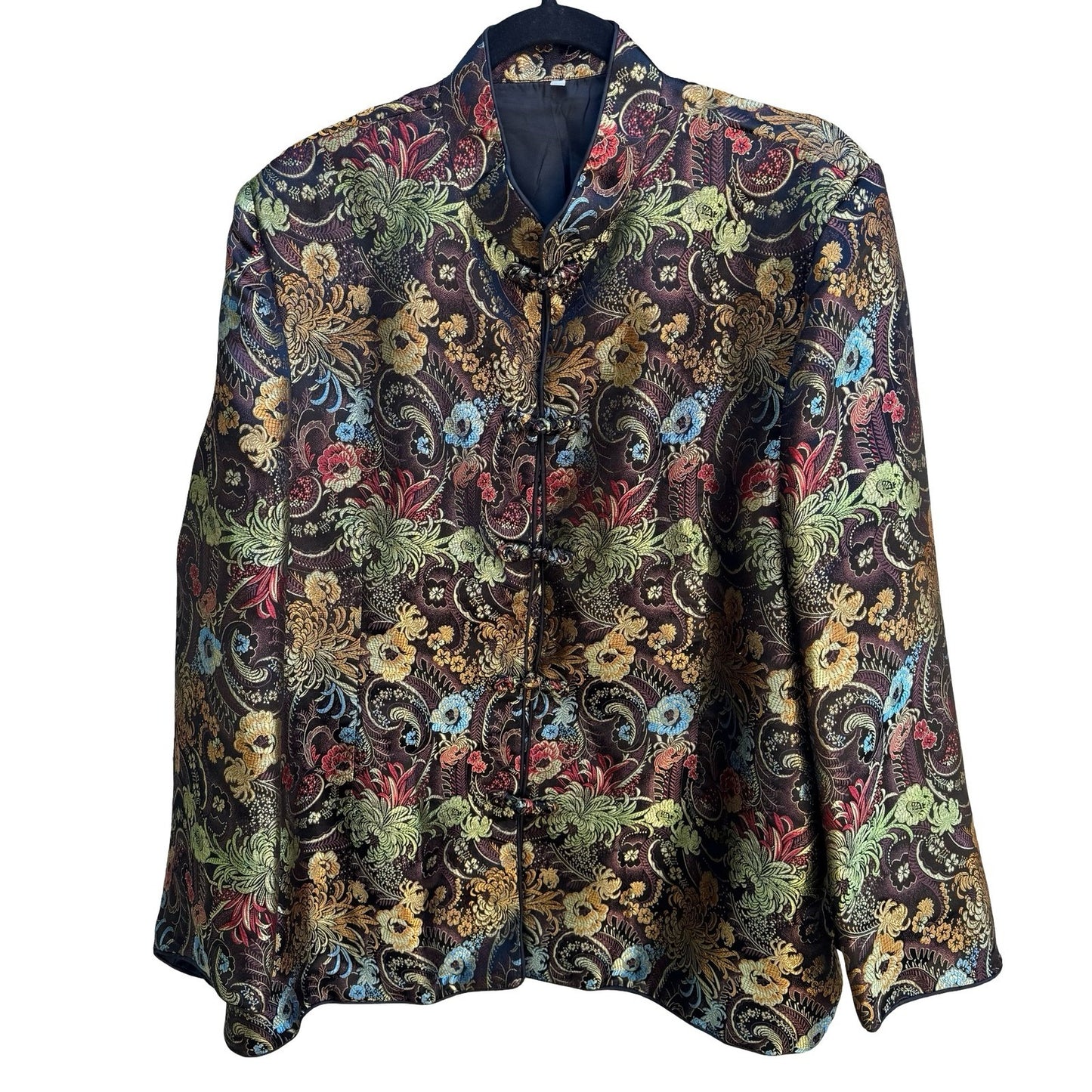 Vintage Chinoiserie Mandarin Collar Floral Jacquard Brocade Frog Closure Jacket