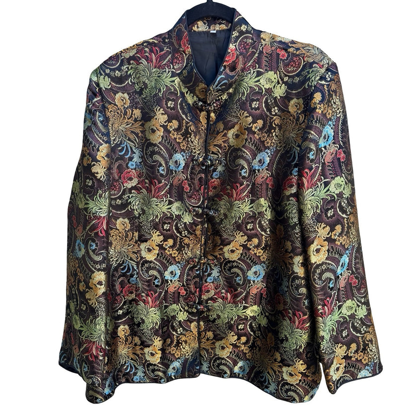 Vintage Chinoiserie Mandarin Collar Floral Jacquard Brocade Frog Closure Jacket