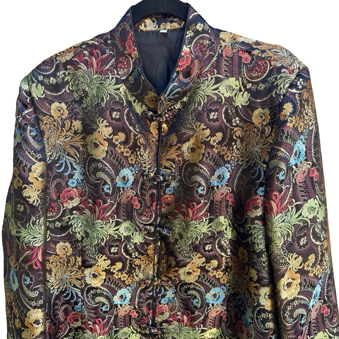 Vintage Chinoiserie Mandarin Collar Floral Jacquard Brocade Frog Closure Jacket