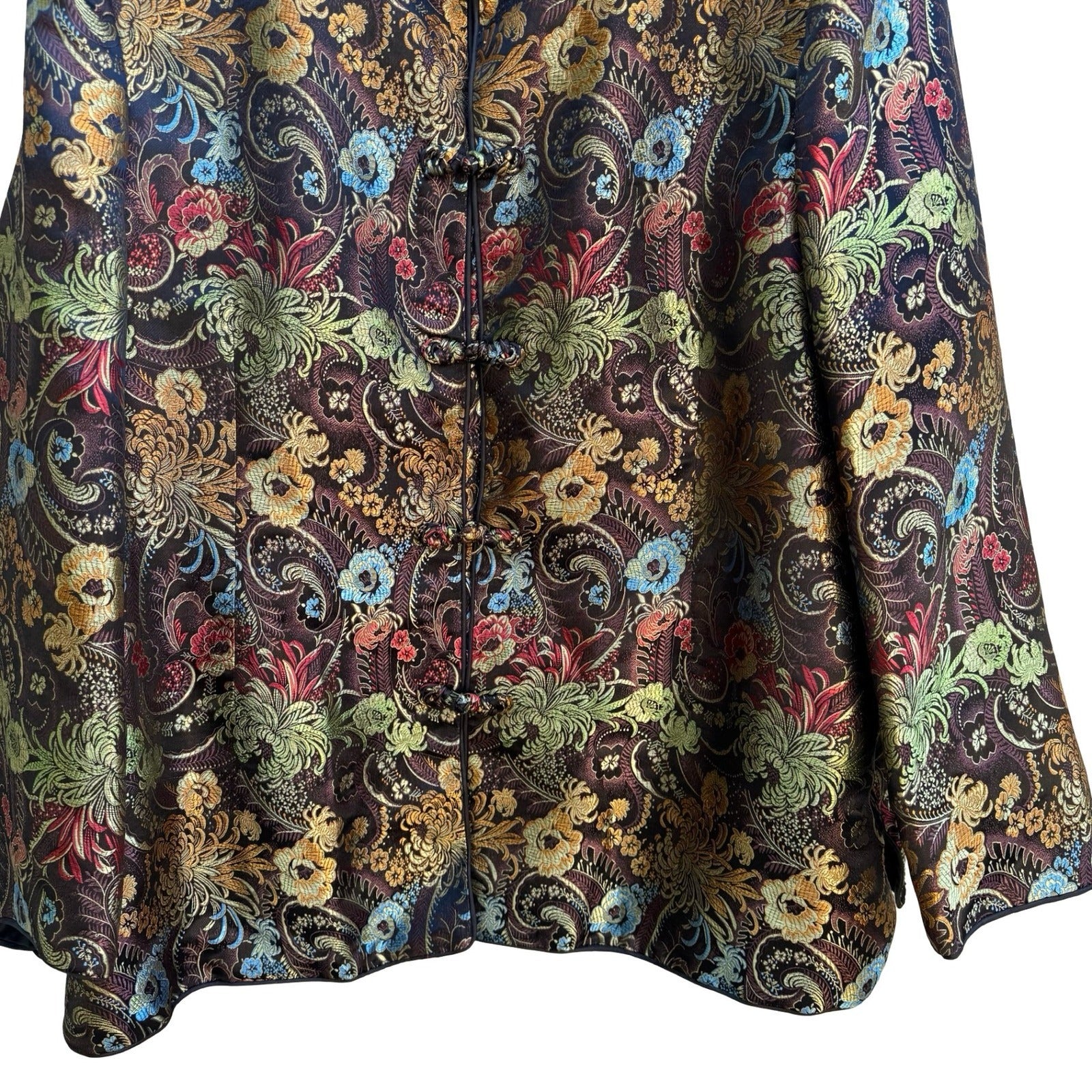 Vintage Chinoiserie Mandarin Collar Floral Jacquard Brocade Frog Closure Jacket