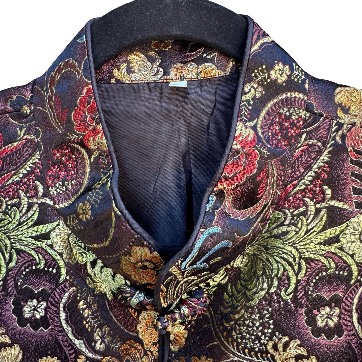 Vintage Chinoiserie Mandarin Collar Floral Jacquard Brocade Frog Closure Jacket