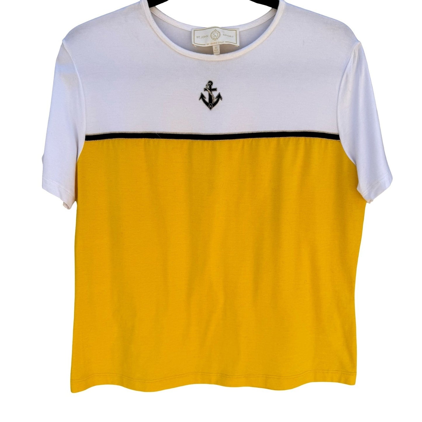 St John Sport Marie Gray Vintage 90s Yellow White Nautical Anchor Coastal Top M