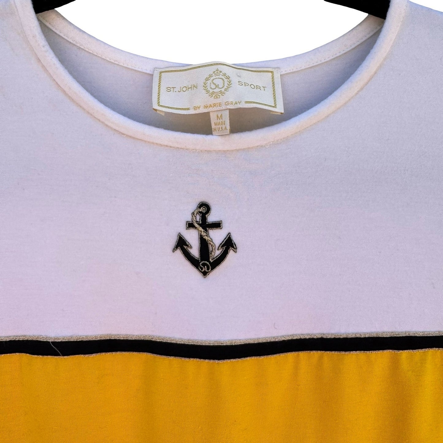 St John Sport Marie Gray Vintage 90s Yellow White Nautical Anchor Coastal Top M
