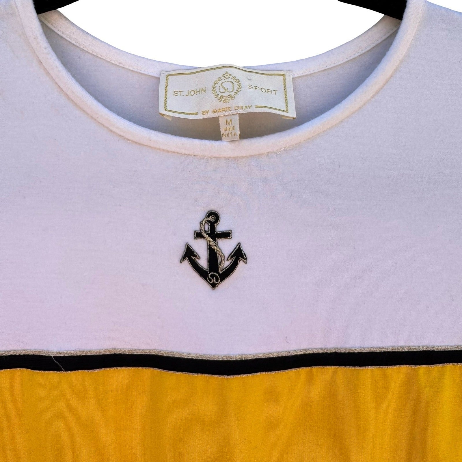 St John Sport Marie Gray Vintage 90s Yellow White Nautical Anchor Coastal Top M