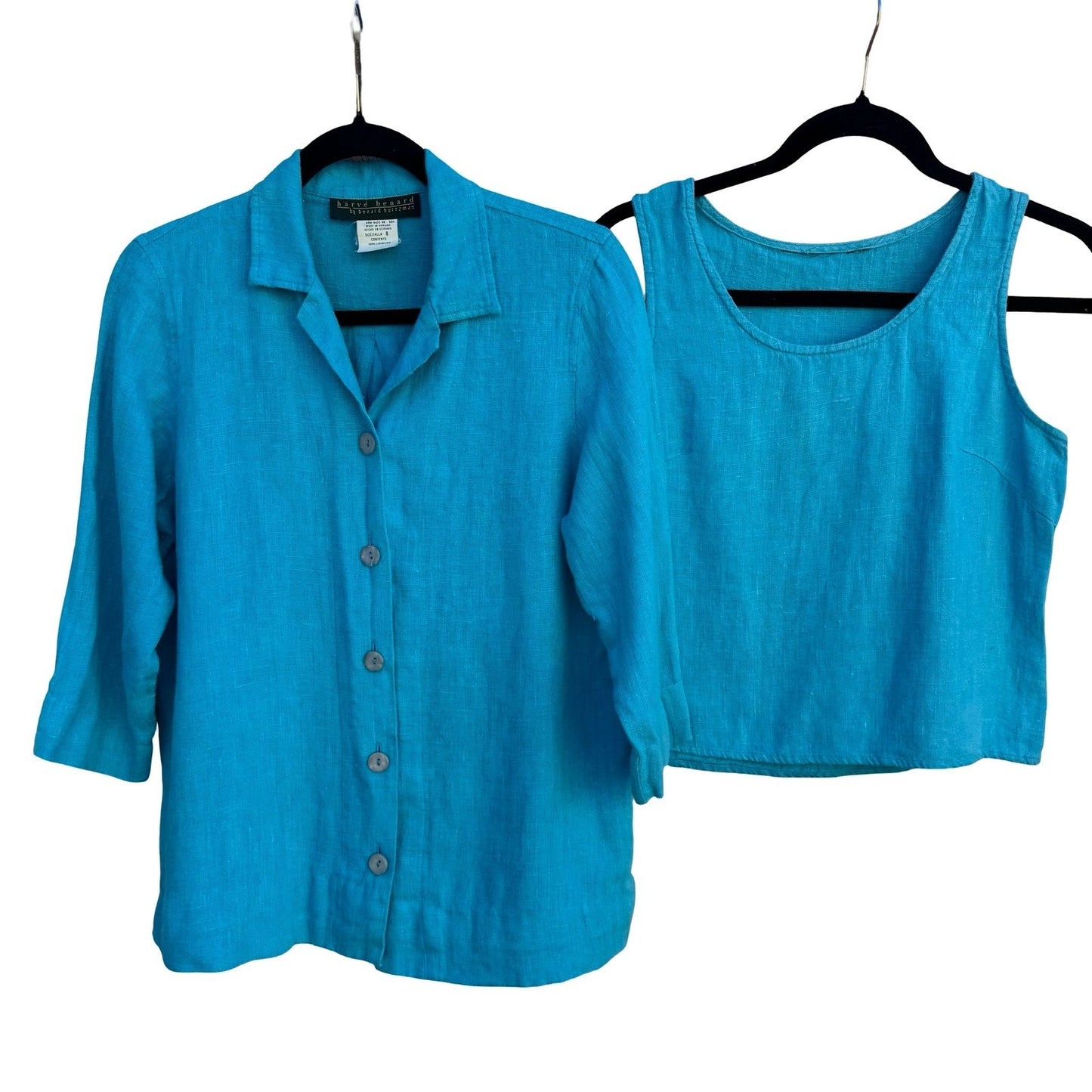 Harve Benard Turquoise 100% Linen 2 Piece Shirt and Tank Top Set Womens 8