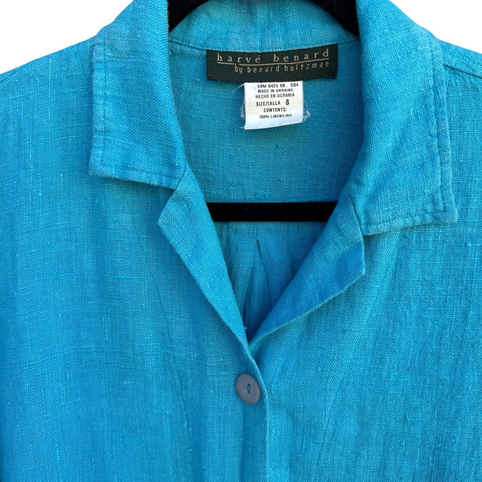 Harve Benard Turquoise 100% Linen 2 Piece Shirt and Tank Top Set Womens 8