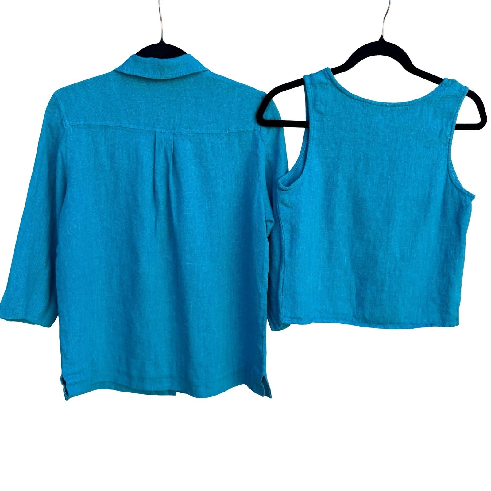 Harve Benard Turquoise 100% Linen 2 Piece Shirt and Tank Top Set Womens 8