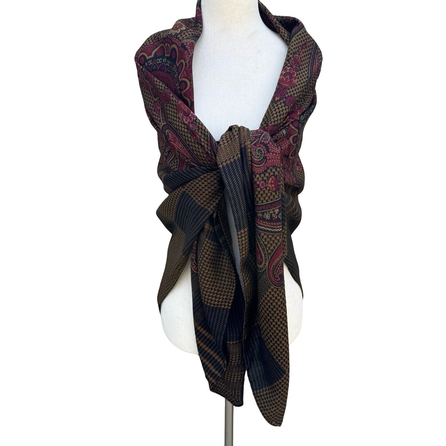 Alan Austin Vintage Wool Silk Scarf Paisley Houndstooth Plaid Burgundy Navy Wrap