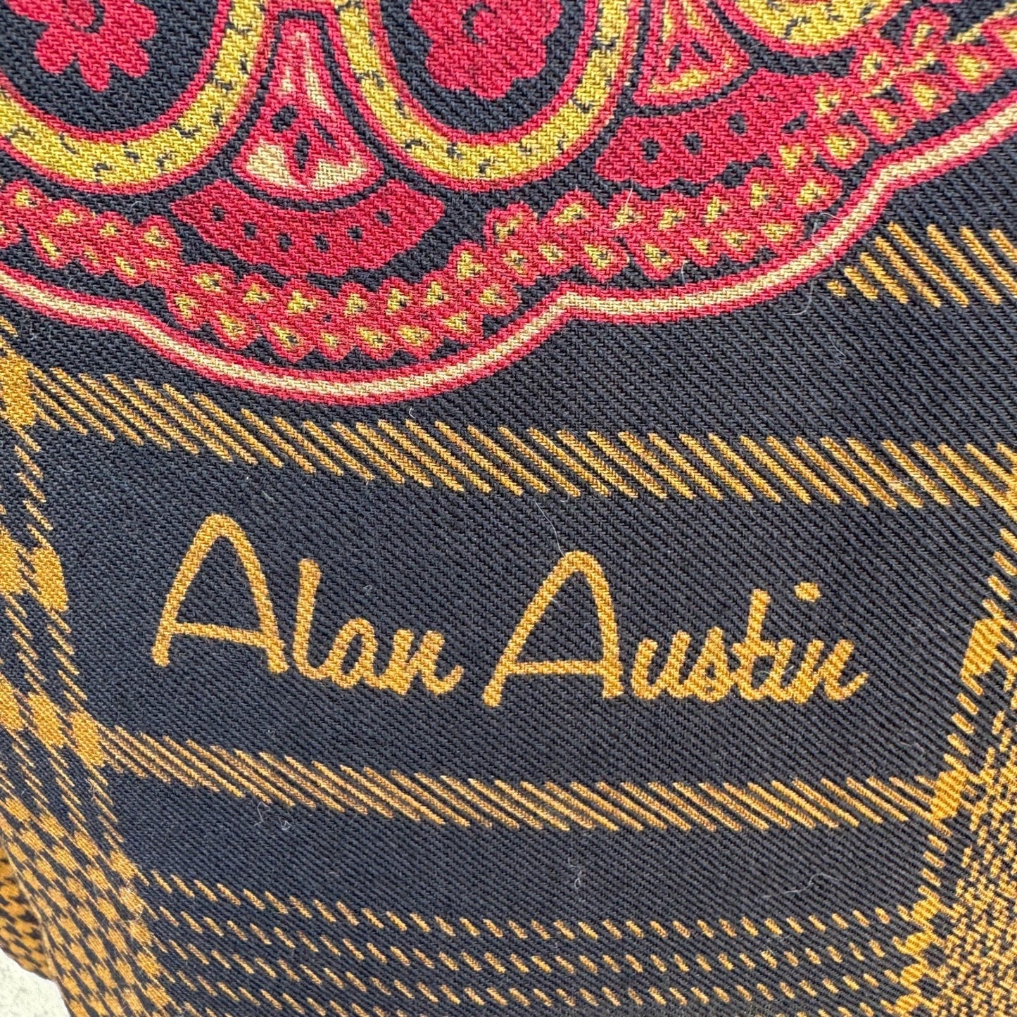 Alan Austin Vintage Wool Silk Scarf Paisley Houndstooth Plaid Burgundy Navy Wrap