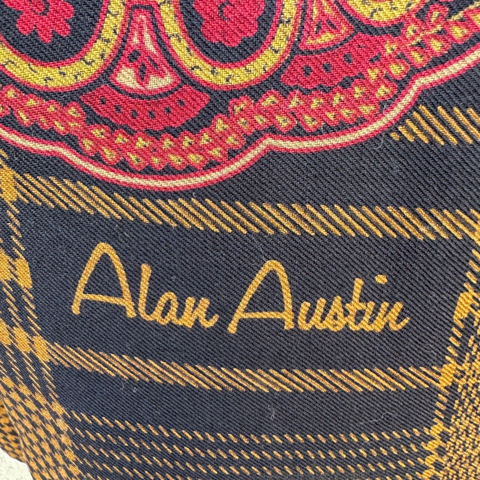 Alan Austin Vintage Wool Silk Scarf Paisley Houndstooth Plaid Burgundy Navy Wrap