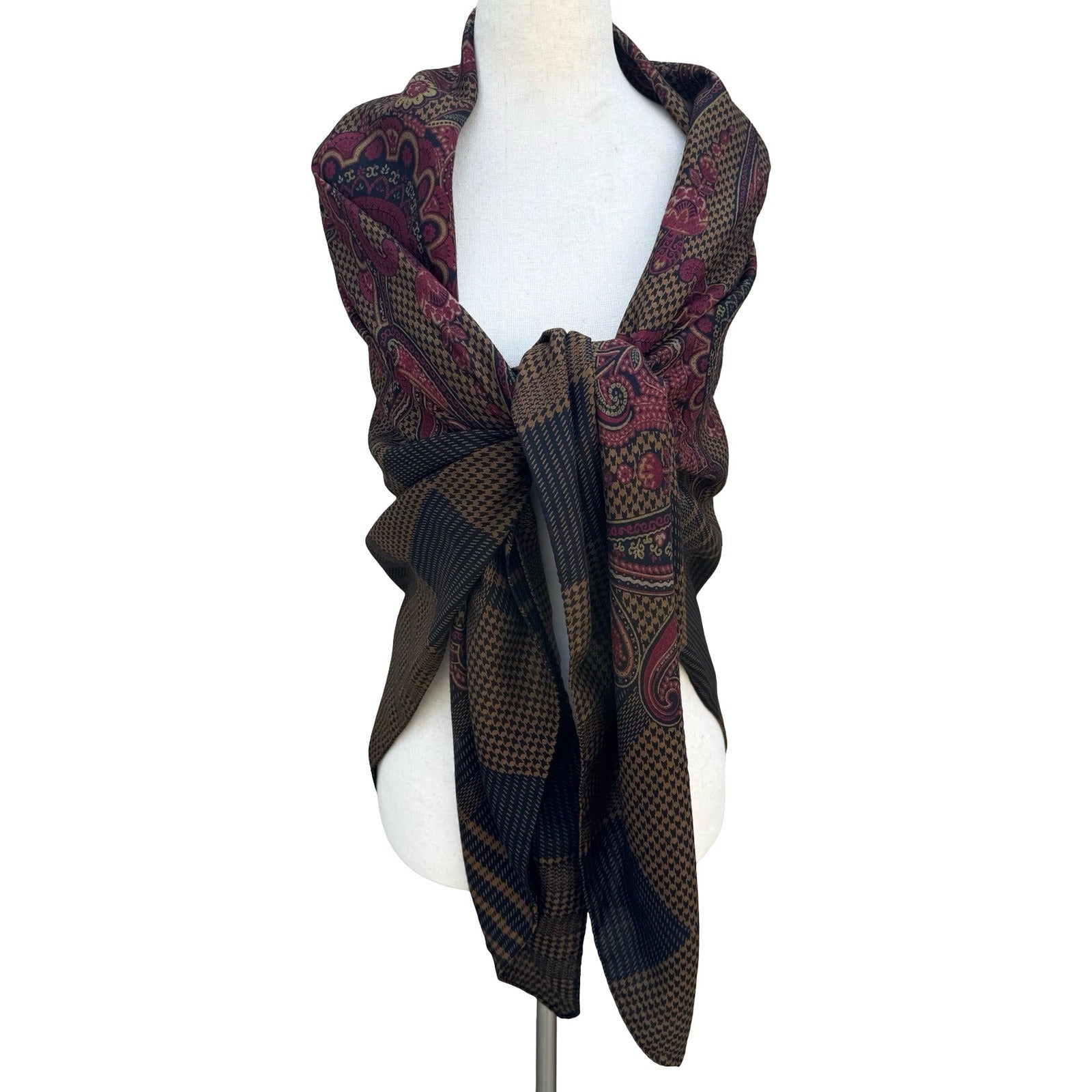 Alan Austin Vintage Wool Silk Scarf Paisley Houndstooth Plaid Burgundy Navy Wrap