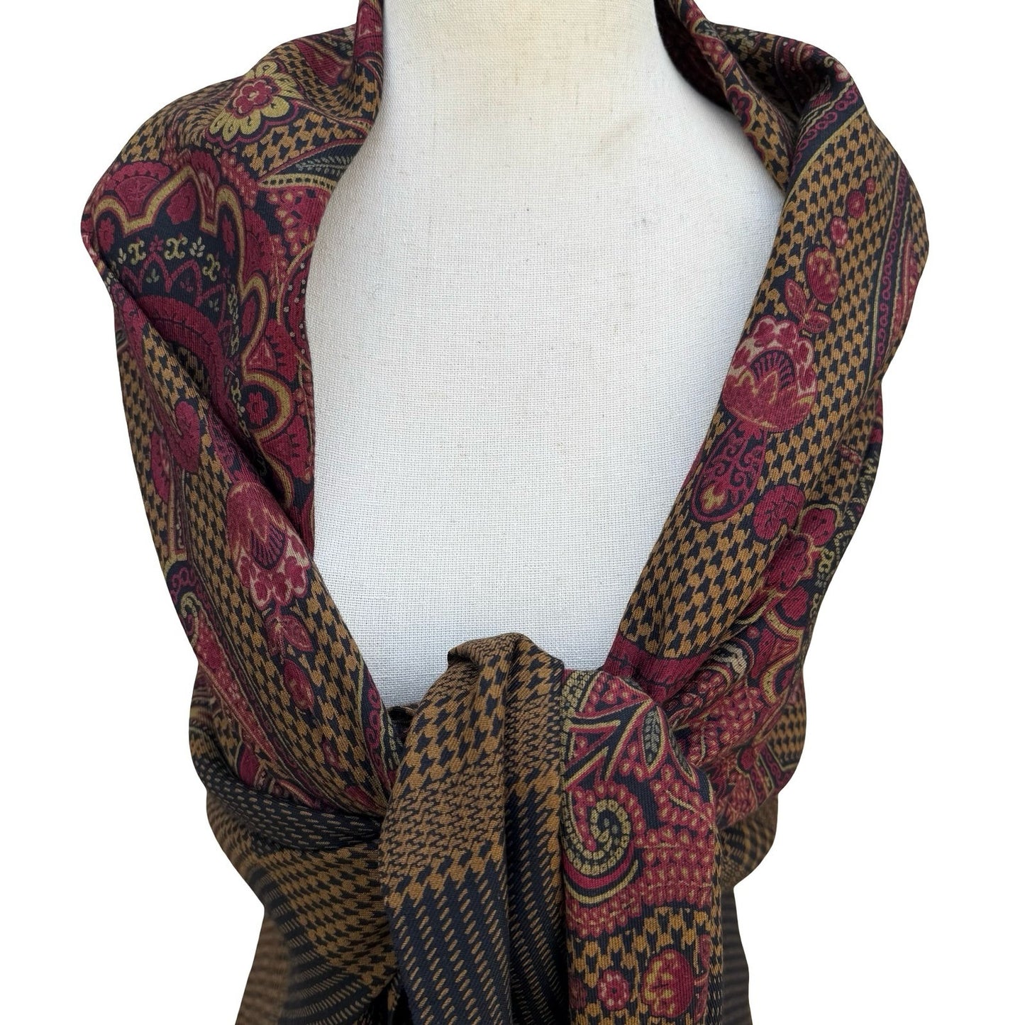 Alan Austin Vintage Wool Silk Scarf Paisley Houndstooth Plaid Burgundy Navy Wrap