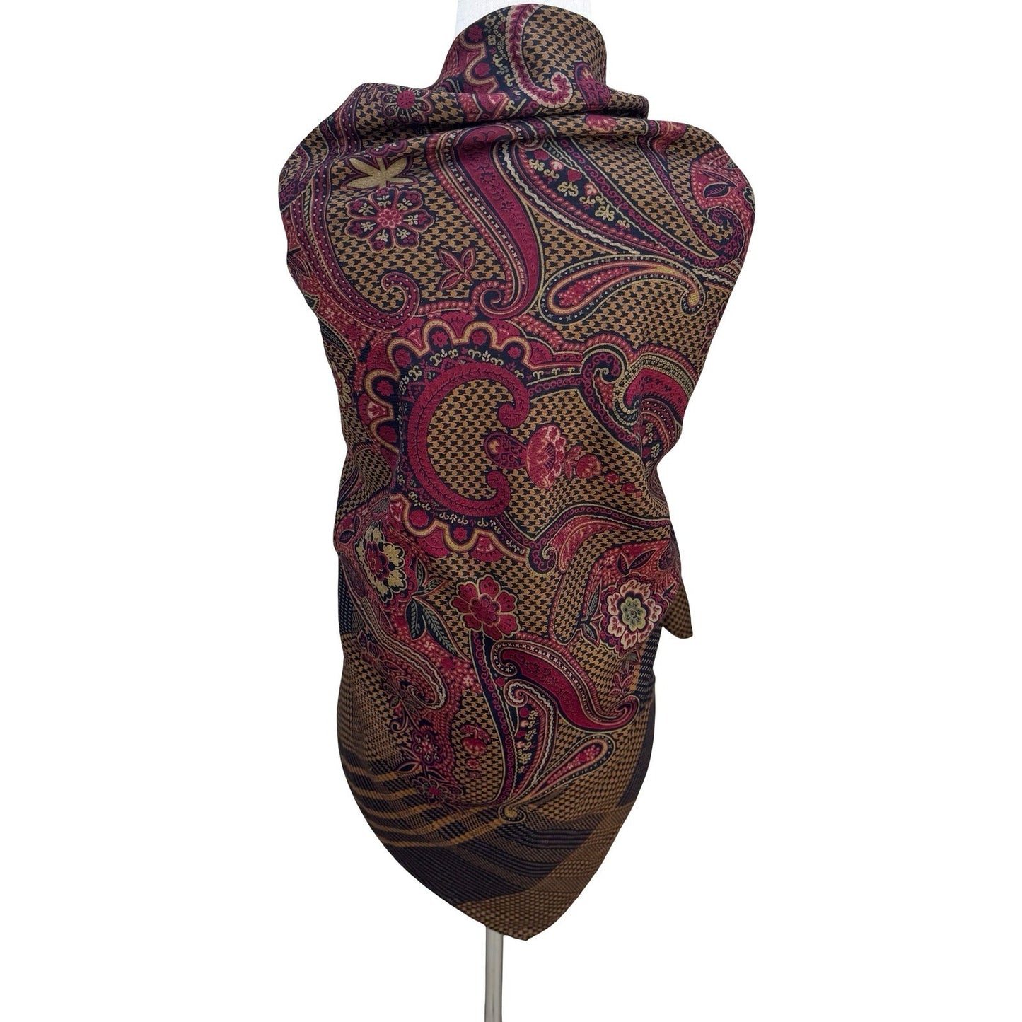 Alan Austin Vintage Wool Silk Scarf Paisley Houndstooth Plaid Burgundy Navy Wrap