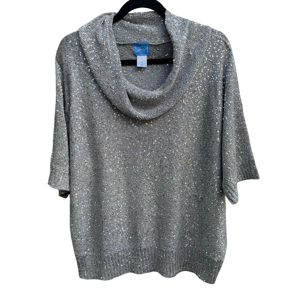 Lark Lane Silver Sequin Cowl Neck Metallic Glam Party Cocktail Knit Sweater XL