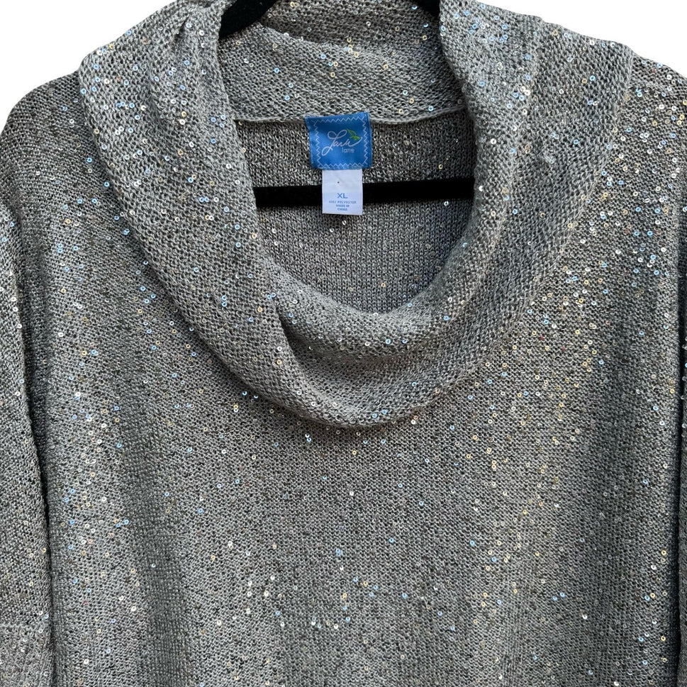 Lark Lane Silver Sequin Cowl Neck Metallic Glam Party Cocktail Knit Sweater XL