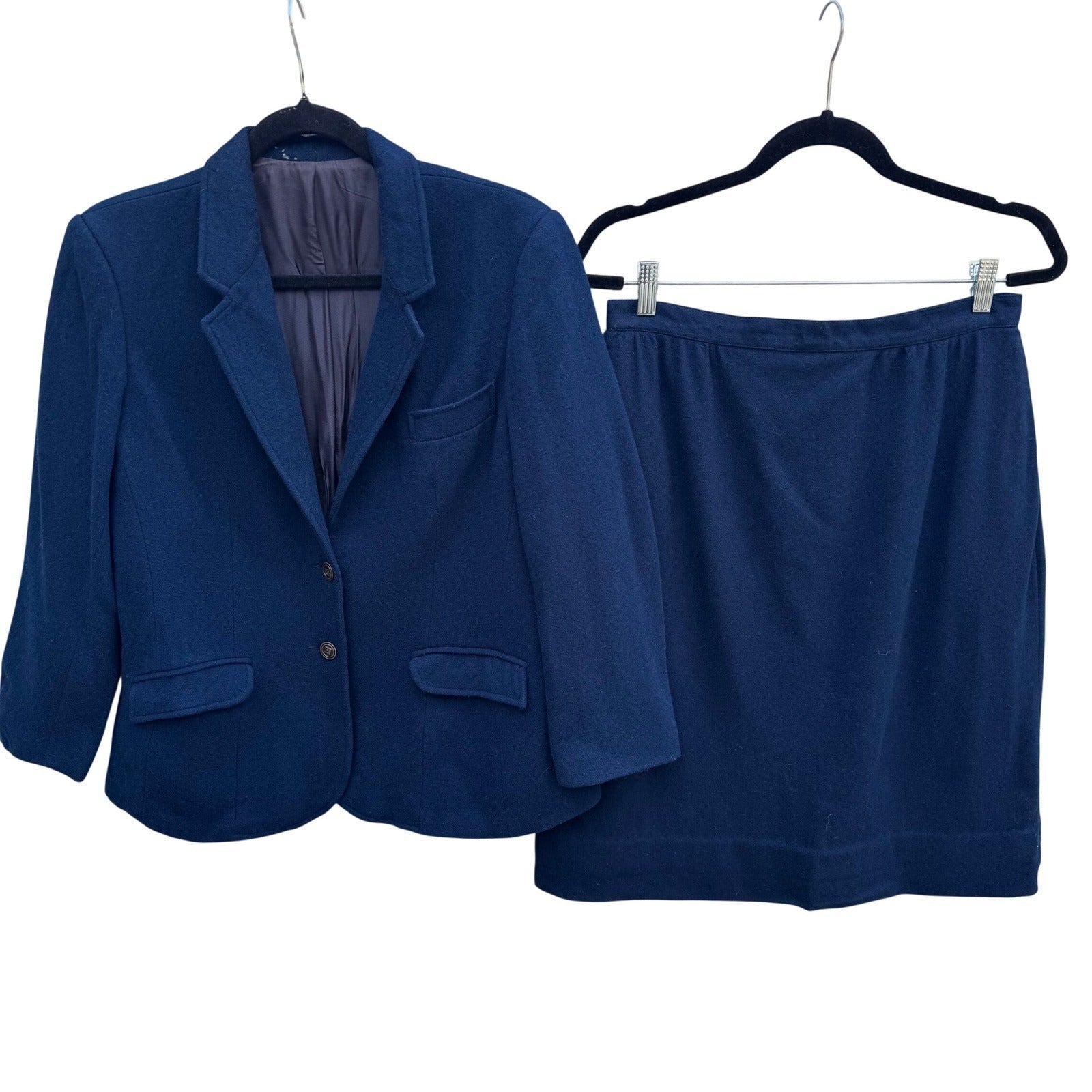 Harris & Frank Vintage70s Navy Blue 100% Pure Wool Skirt Suit Set Womens 13/14