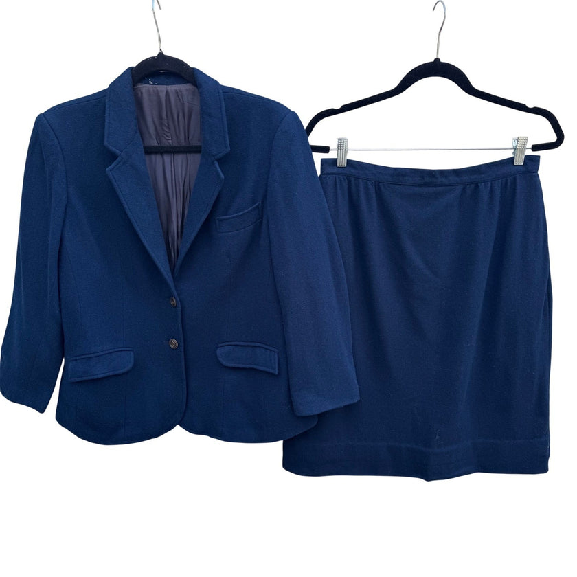Harris & Frank Vintage70s Navy Blue 100% Pure Wool Skirt Suit Set Womens 13/14
