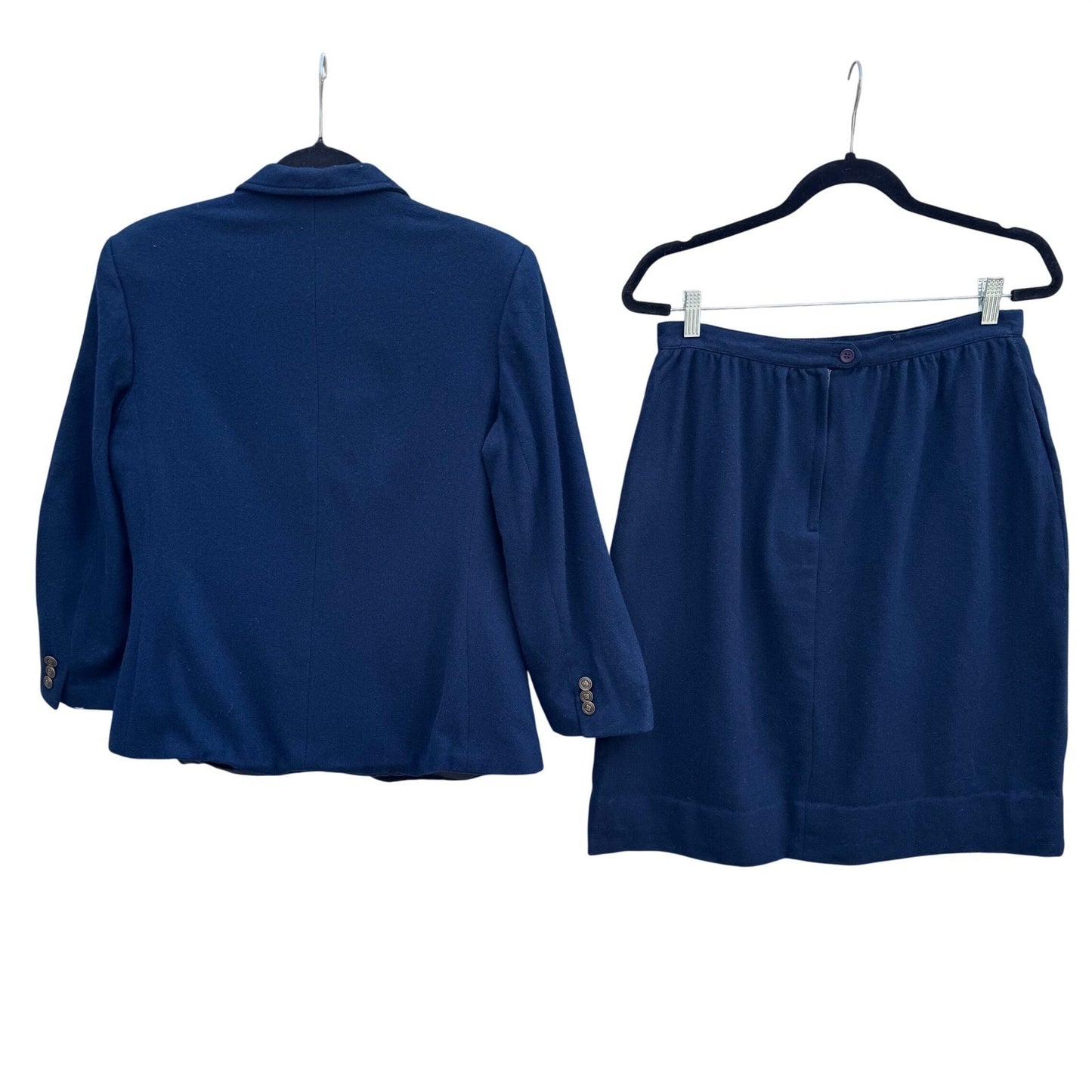 Harris & Frank Vintage70s Navy Blue 100% Pure Wool Skirt Suit Set Womens 13/14