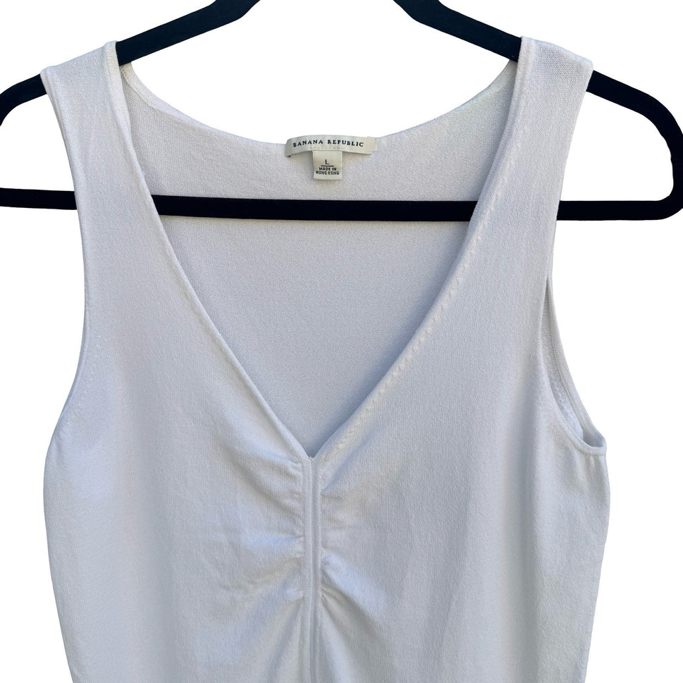 Banana Republic Womens White V-Neck Ruched Knit Tank Top Large 239440-01 Summer