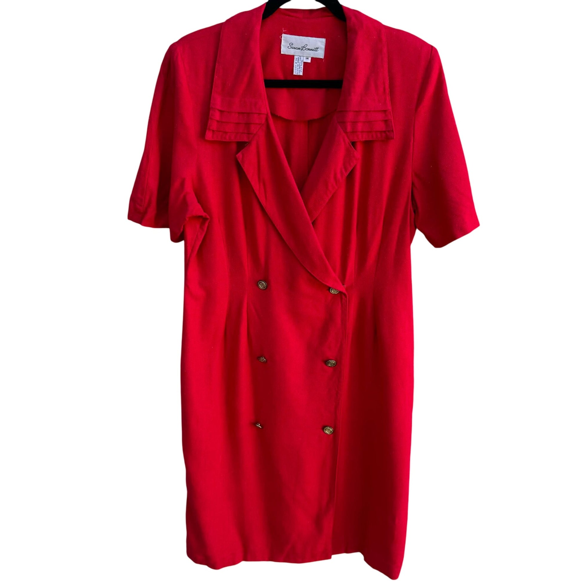 Susan Bennett Vintage Red Double-Breasted Short Sleeves Pleated Collar Dress 14