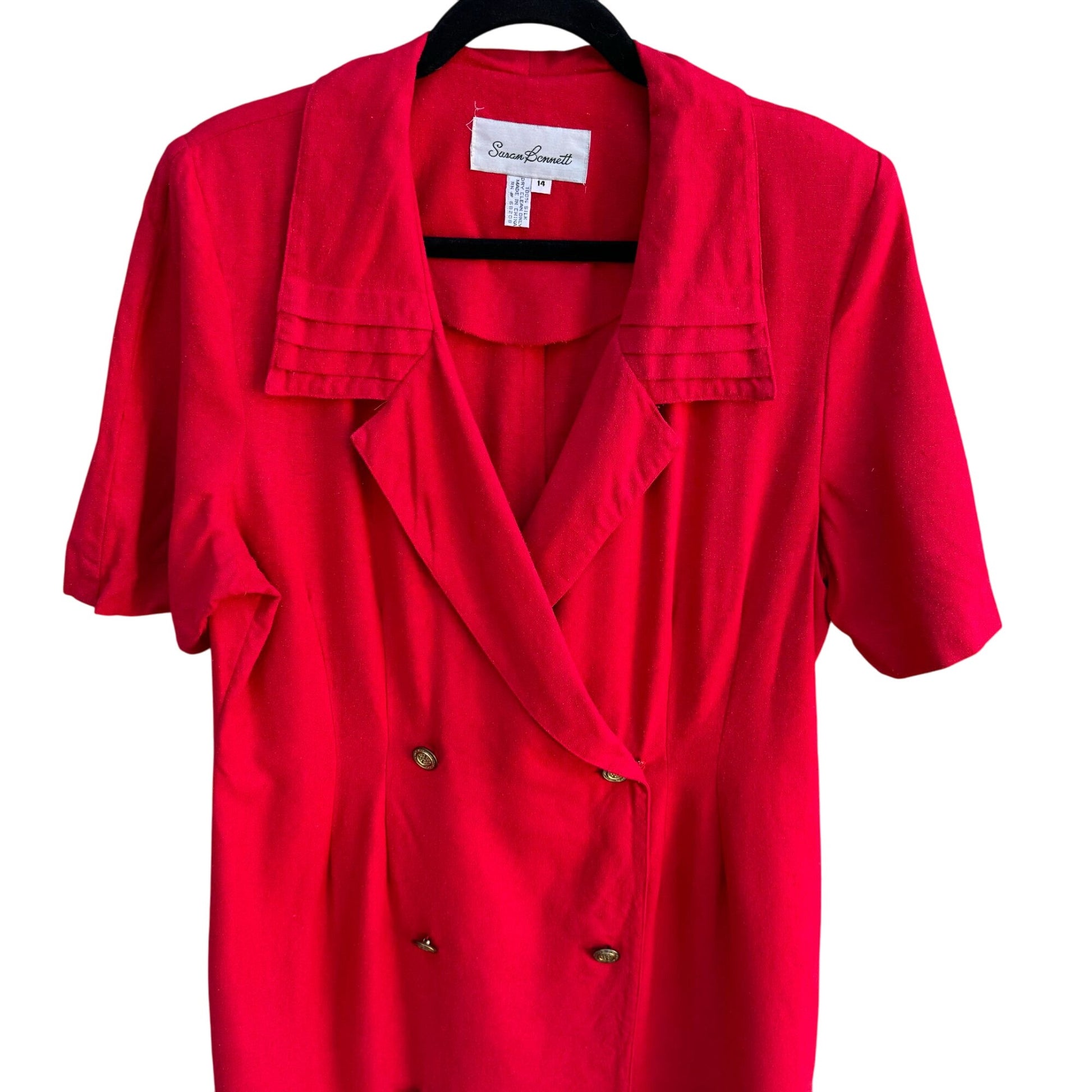 Susan Bennett Vintage Red Double-Breasted Short Sleeves Pleated Collar Dress 14