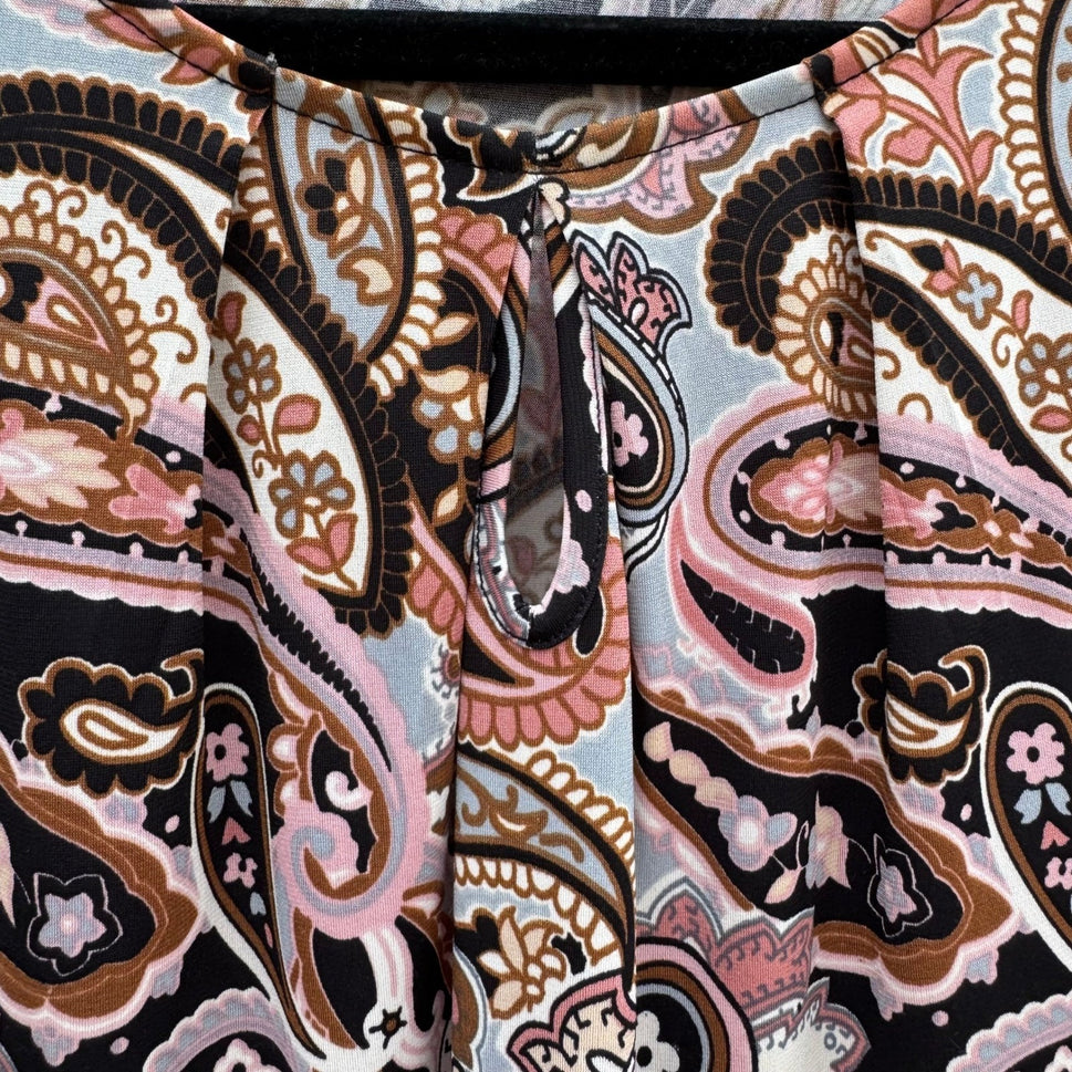 Kasper Womens Paisley Psychedelic Sleeveless Knit Top Pink Pleated Neck Mod Chic