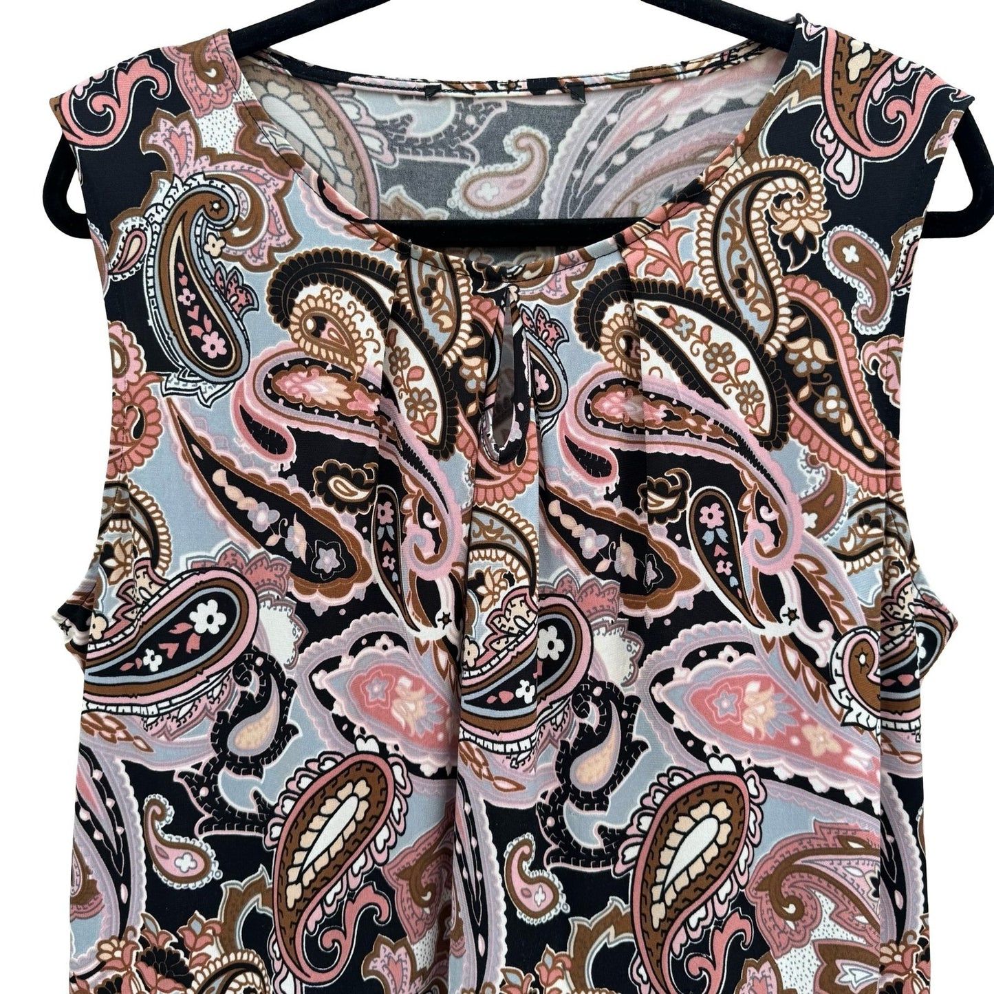 Kasper Womens Paisley Psychedelic Sleeveless Knit Top Pink Pleated Neck Mod Chic