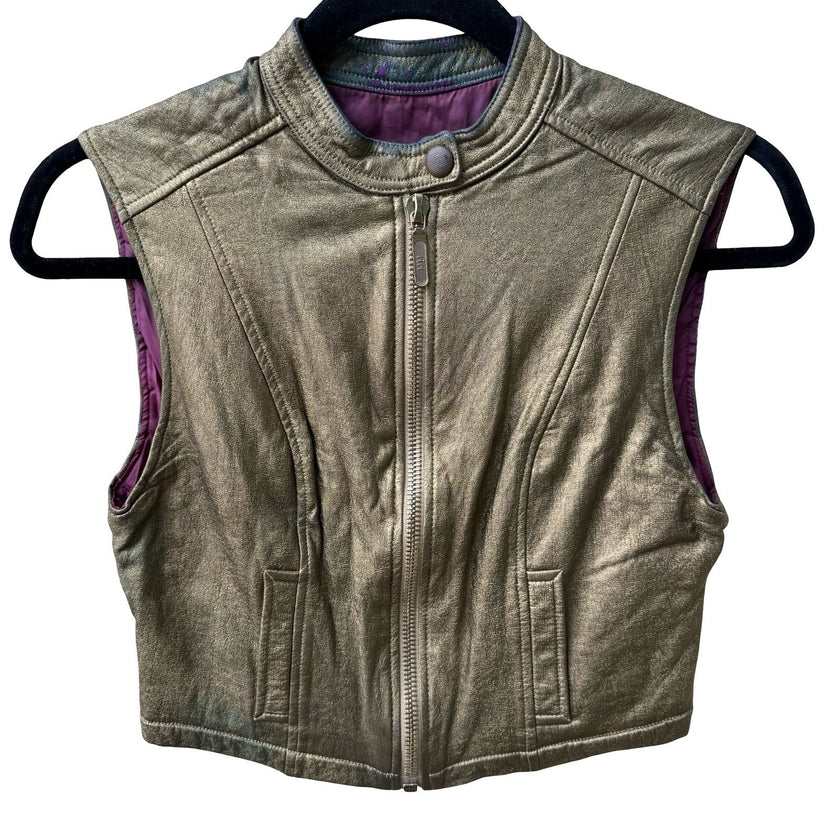 Karen Millen Y2K Cyberpunk Glam Rock Metallic Gold Cropped Edgy Moto Biker Vest