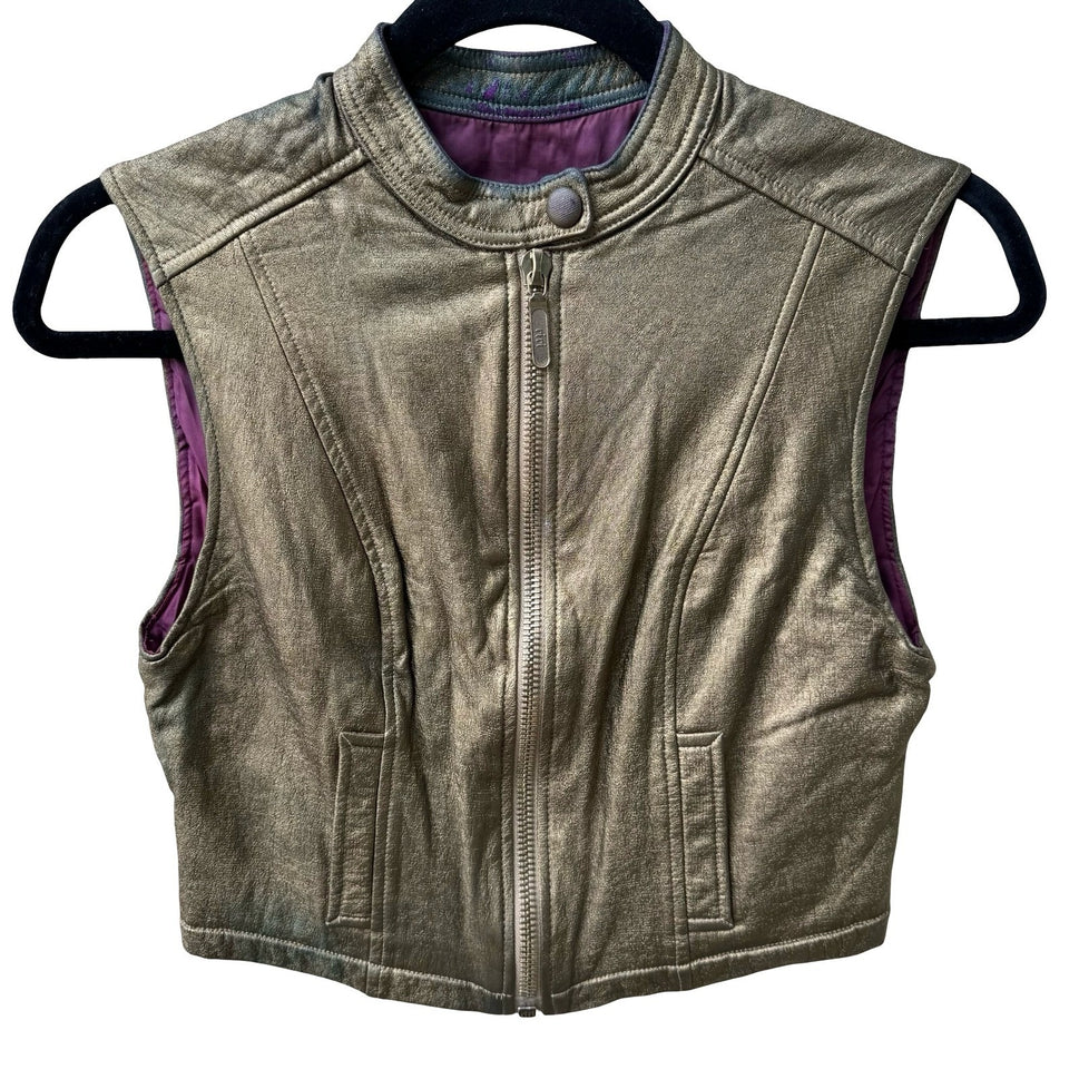 Karen Millen Y2K Cyberpunk Glam Rock Metallic Gold Cropped Edgy Moto Biker Vest