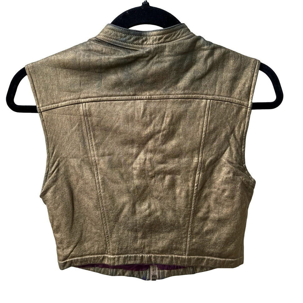 Karen Millen Y2K Cyberpunk Glam Rock Metallic Gold Cropped Edgy Moto Biker Vest