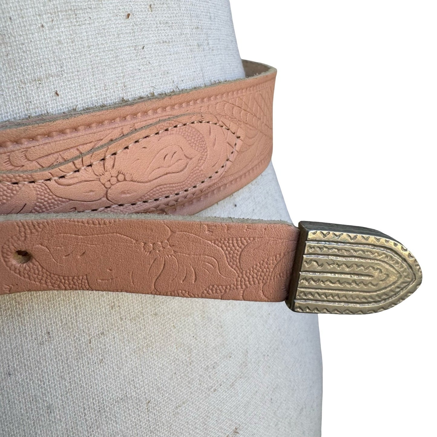 Vintage French Made Pink Tooled Leather Western Belt Silver Buckle 80 32 52567