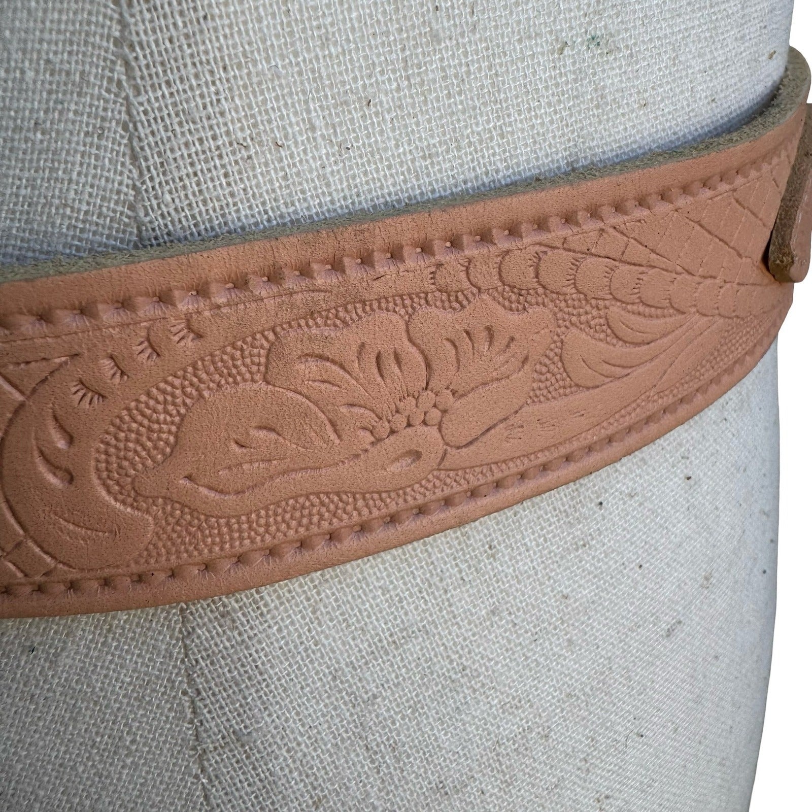 Vintage French Made Pink Tooled Leather Western Belt Silver Buckle 80 32 52567