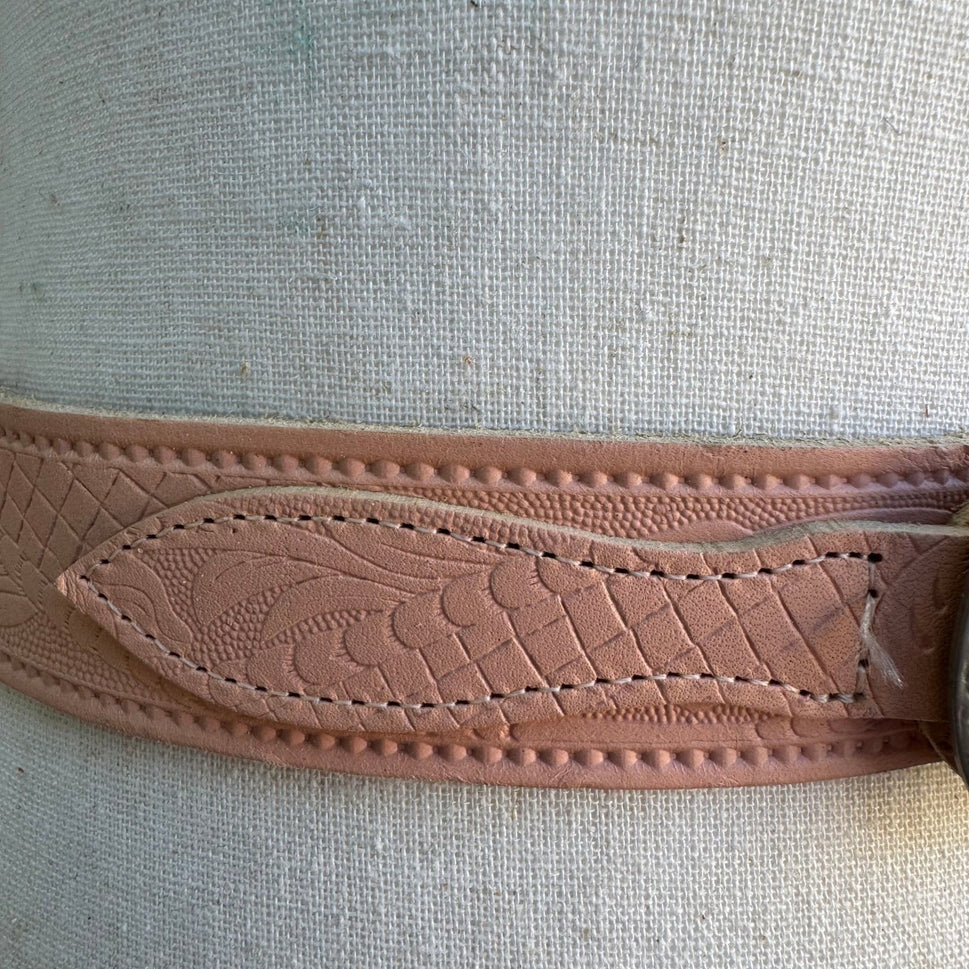 Vintage French Made Pink Tooled Leather Western Belt Silver Buckle 80 32 52567